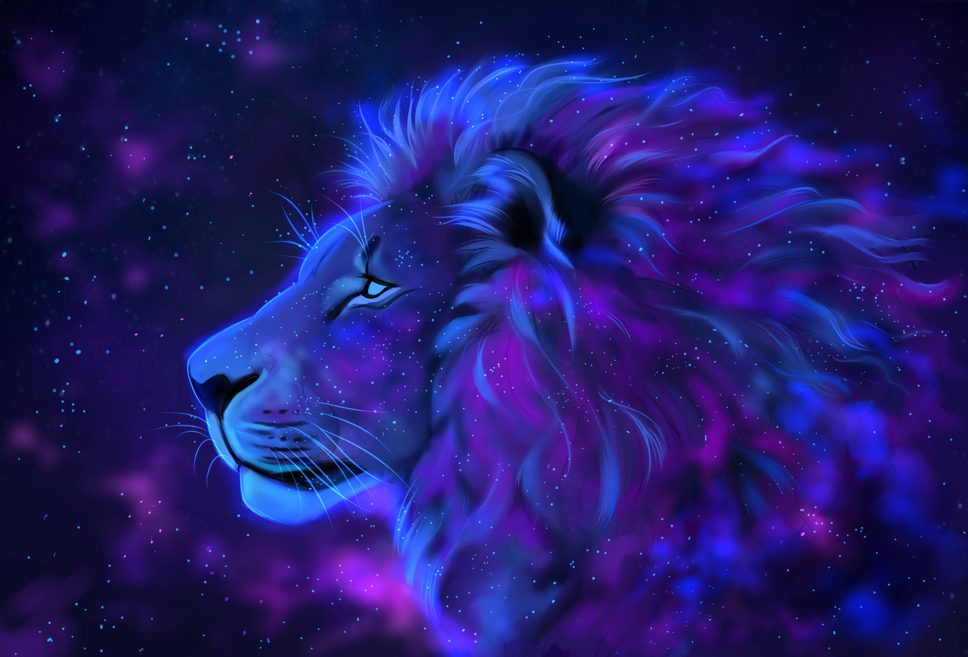 獅子的頭部在繁星點點的星雲背景下閃耀著宇宙色彩。