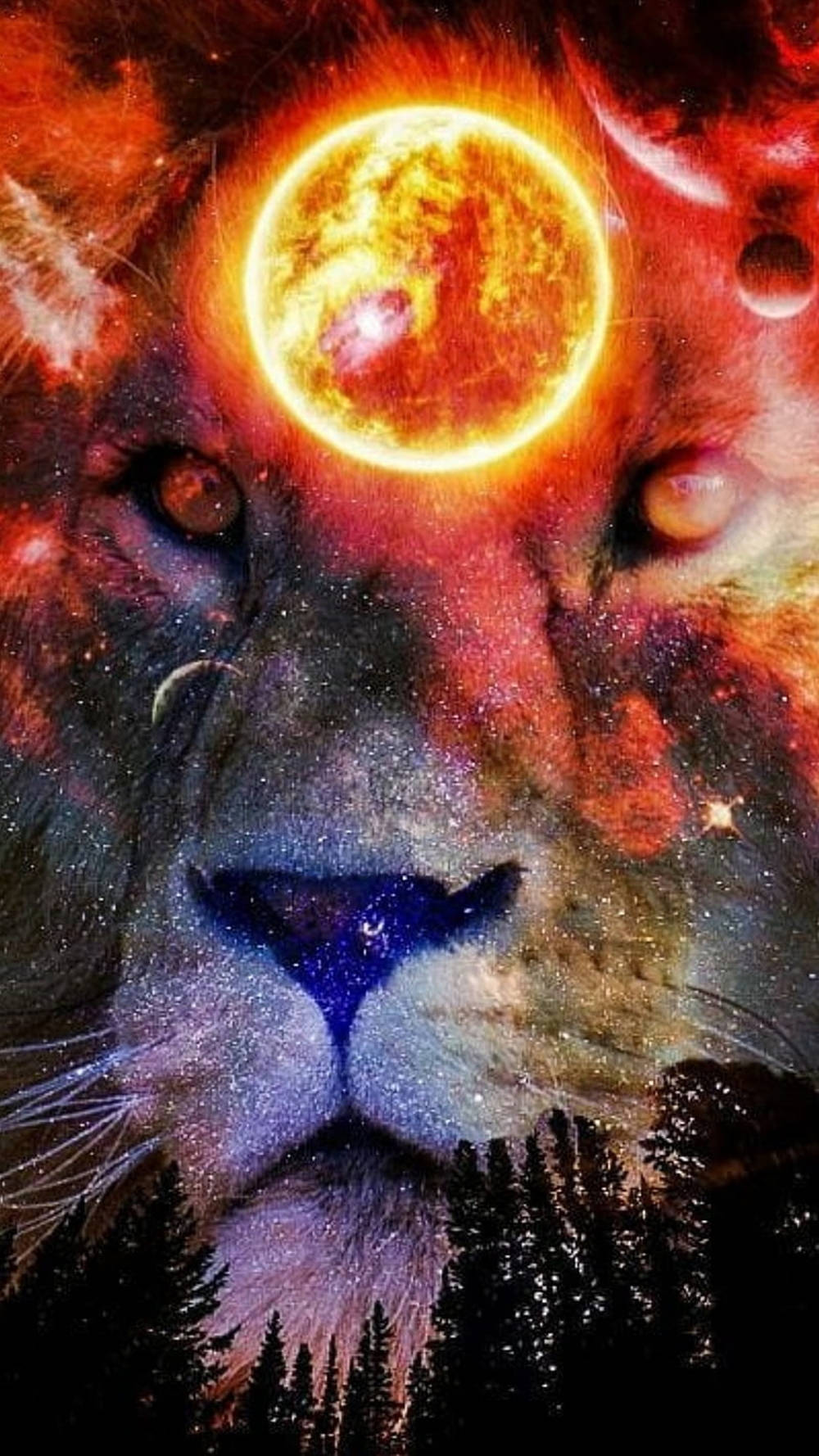 一頭雄偉的獅子，額頭上有發光的太陽，背景是星空和森林。