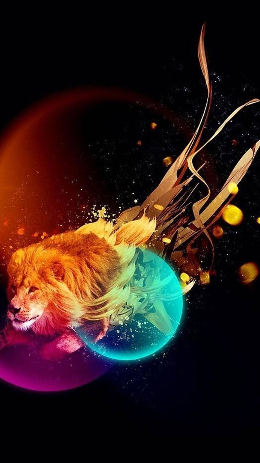 一頭獅子在色彩繽紛的宇宙場景中從發光的球體中衝出。