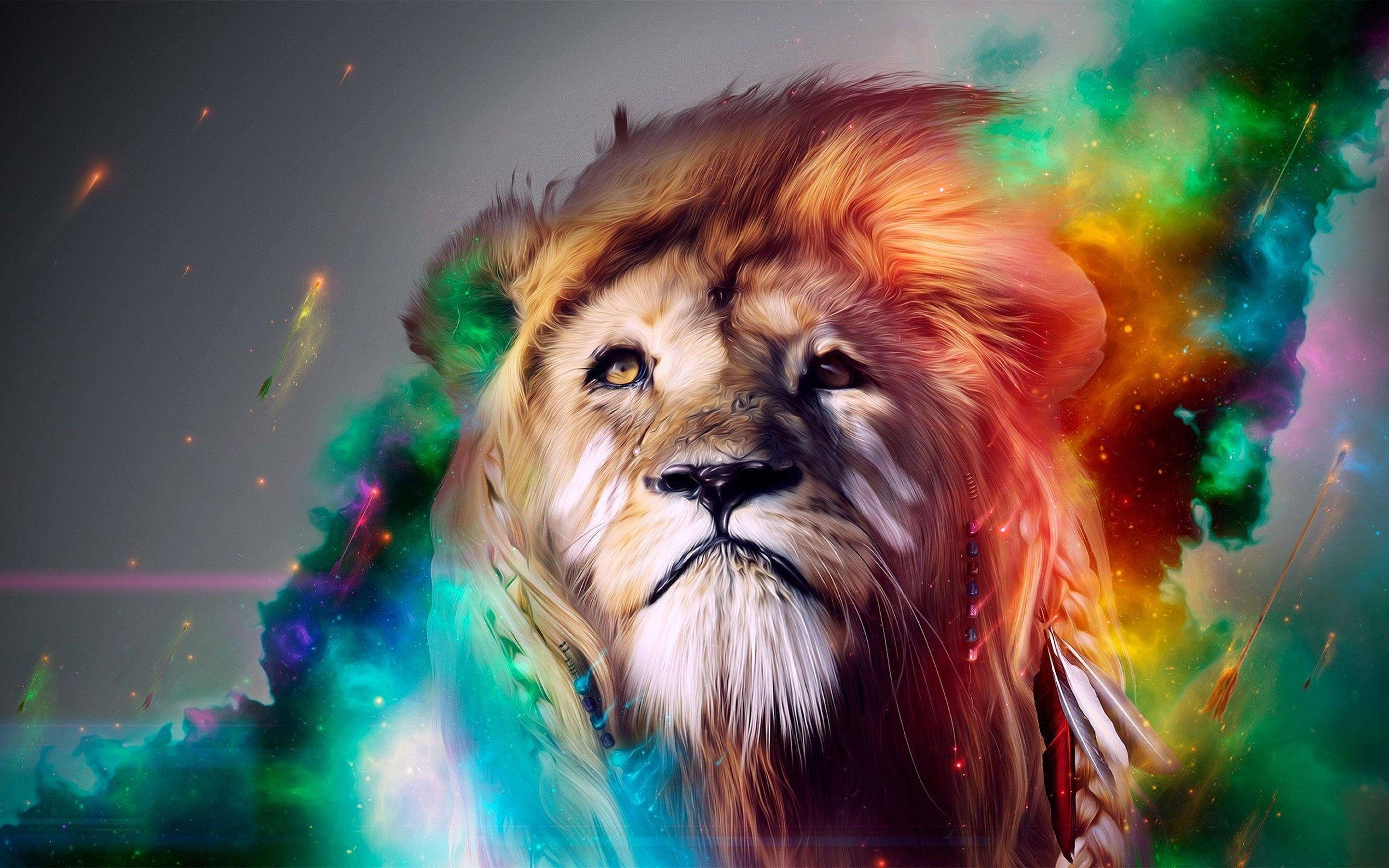 獅子星雲酷炫 HD 壁紙 — 一頭雄偉的獅子，帶有充滿活力的宇宙光環，在繁星點點的星雲背景下散發力量。