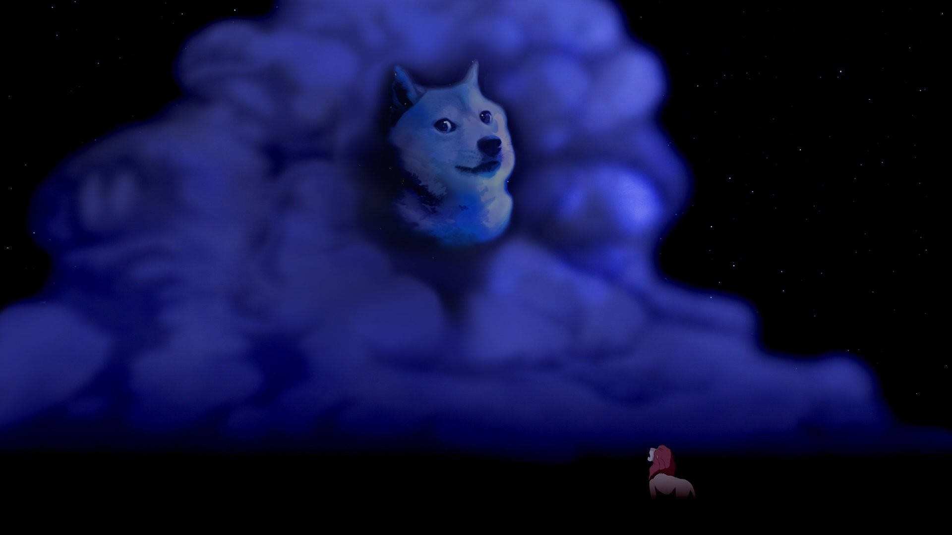 星空下雲層中的發光藍色狗頭，下方有一個小人。