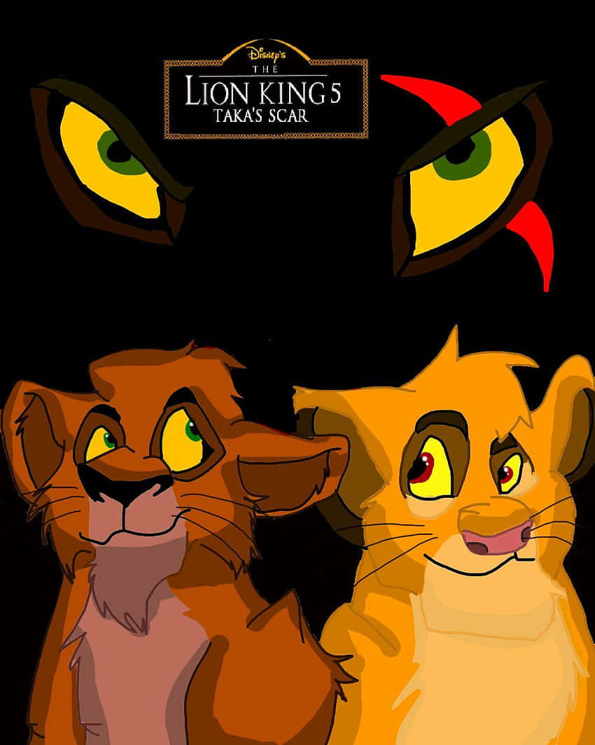《獅子王》中狡猾嫉妒的辛巴 壁紙 — 兩隻獅子幼崽抬頭望著上方發光的威脅性眼睛，背景為黑色。