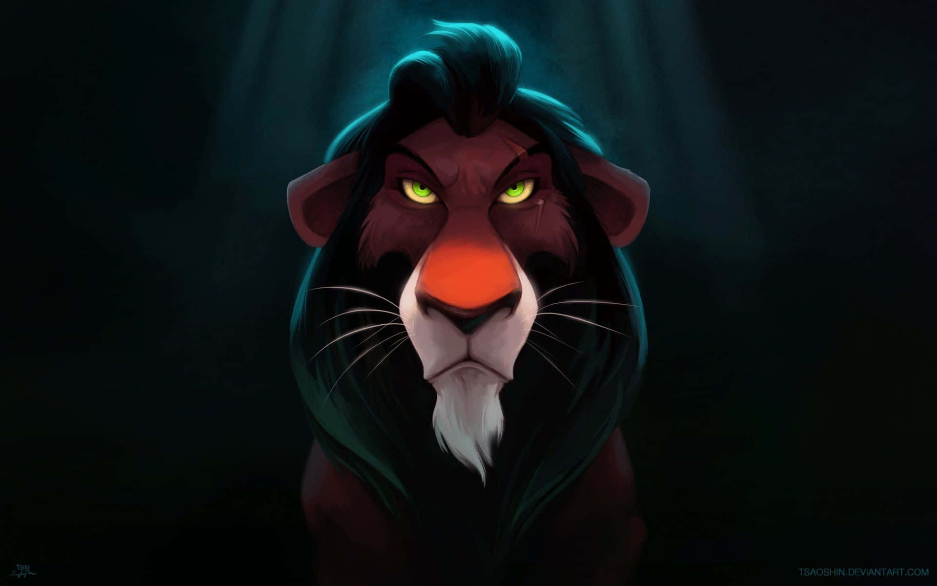 《獅子王》中疤的經典咬牙場景 壁紙 — 一隻帶有發光綠色眼睛和深色鬃毛的威嚇獅子，在陰影和聚光燈的環境中強烈凝視。