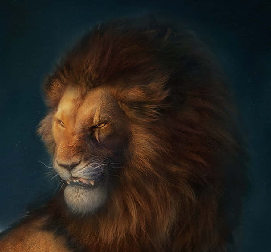《獅子王》中的邪惡反派刀疤 壁紙 — 一頭擁有豐滿鬃毛的雄偉雄獅，在深藍色背景下專注地凝視。