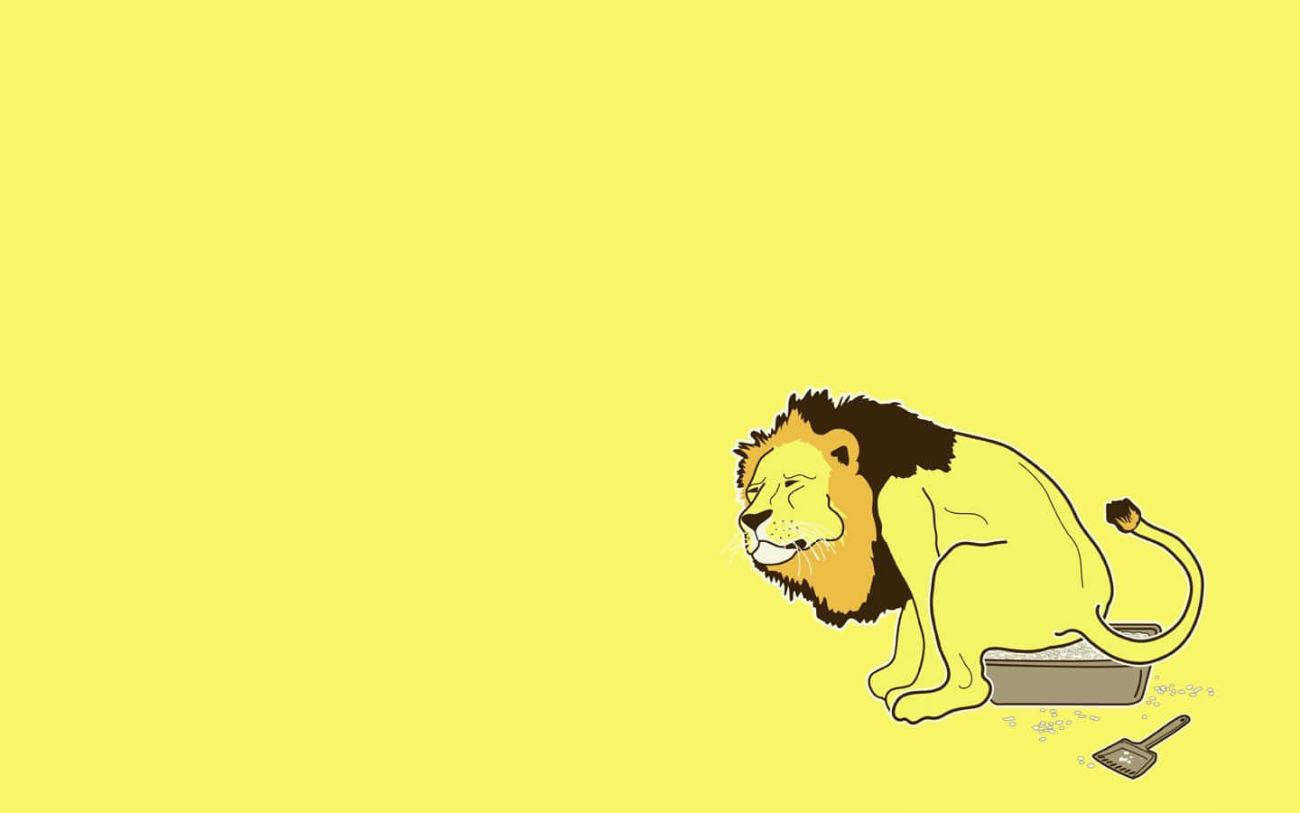 一隻卡通獅子坐在馬桶上，附近有一個勺子。