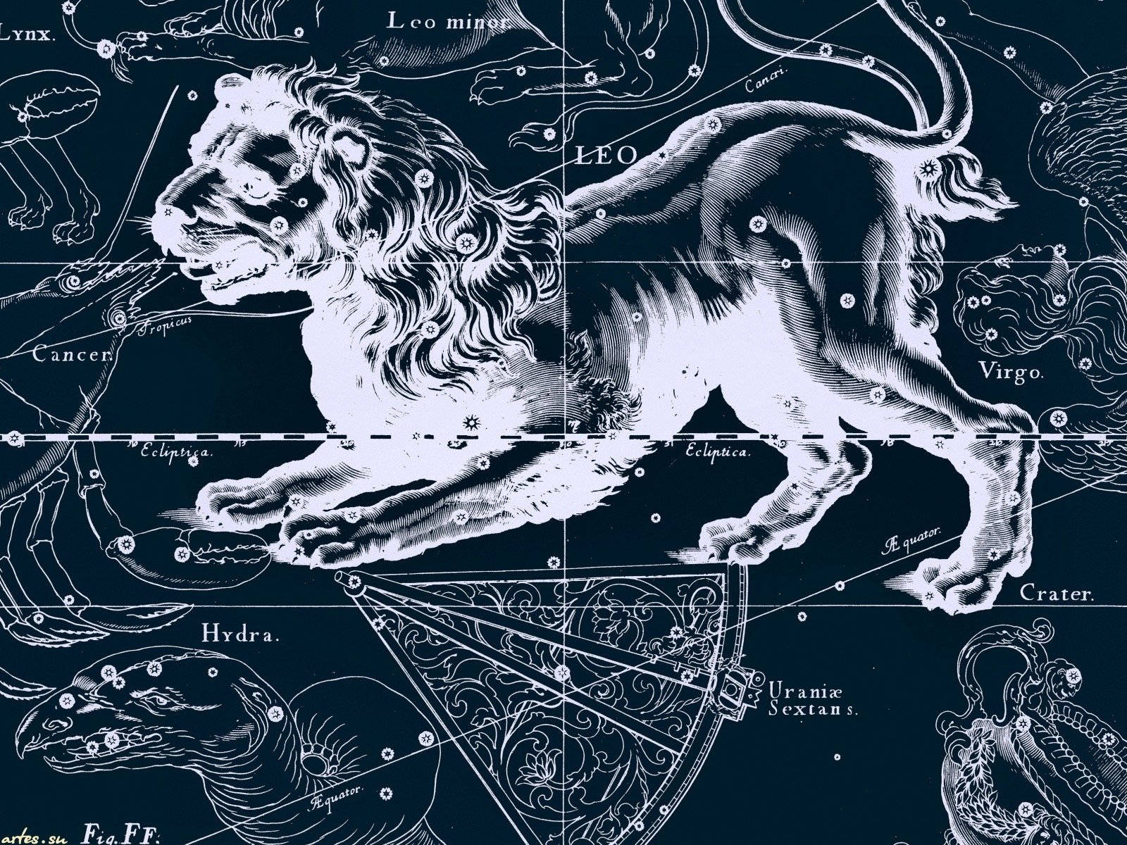 復古天體圖，顯示獅子座及周圍星座和標籤。