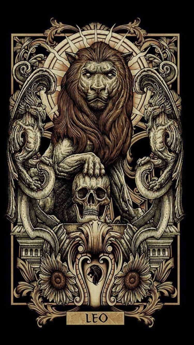獅子座描繪成一隻獅子手持頭骨，周圍環繞著獅鷲和複雜的金色圖案。