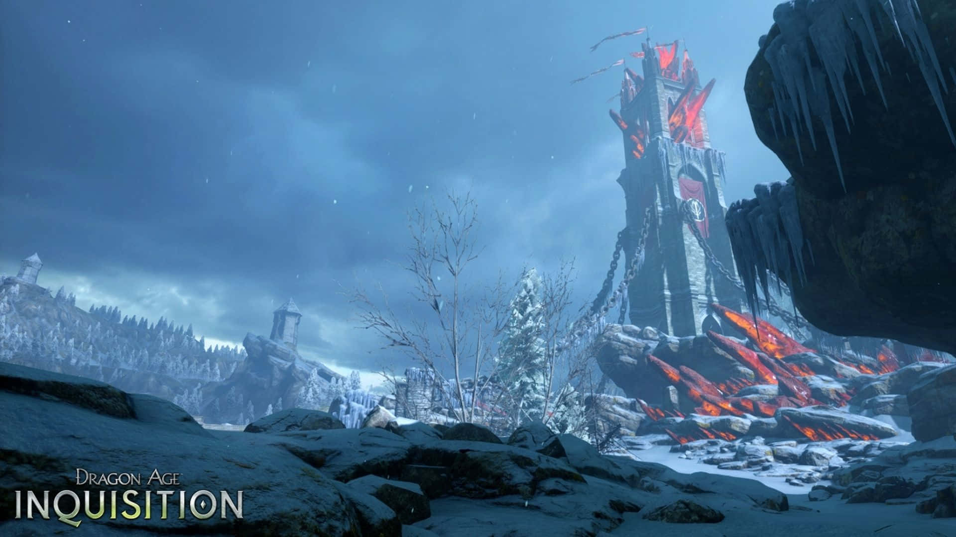 獅心領高畫質《龍騰世紀：救世主》背景 壁紙 — 被雪覆蓋的廢墟，在暴風雪的冬日天空下，從其底部噴發出熾熱的紅色魔法能量。