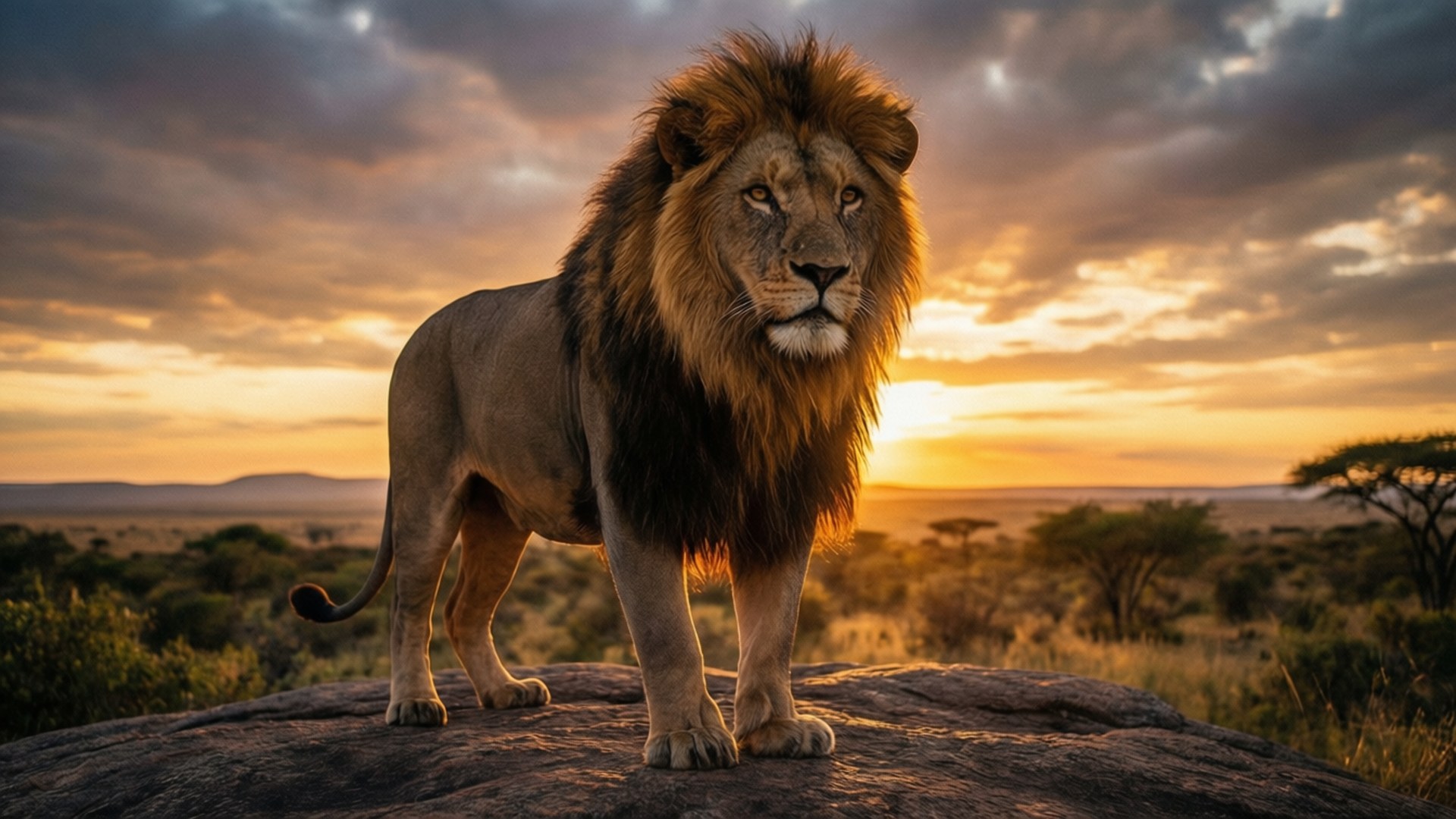 獅王夕照 壁紙 — 一頭雄偉的雄獅站在大草原日落時分的岩石露頭上，金色的光芒照亮了牠的鬃毛。