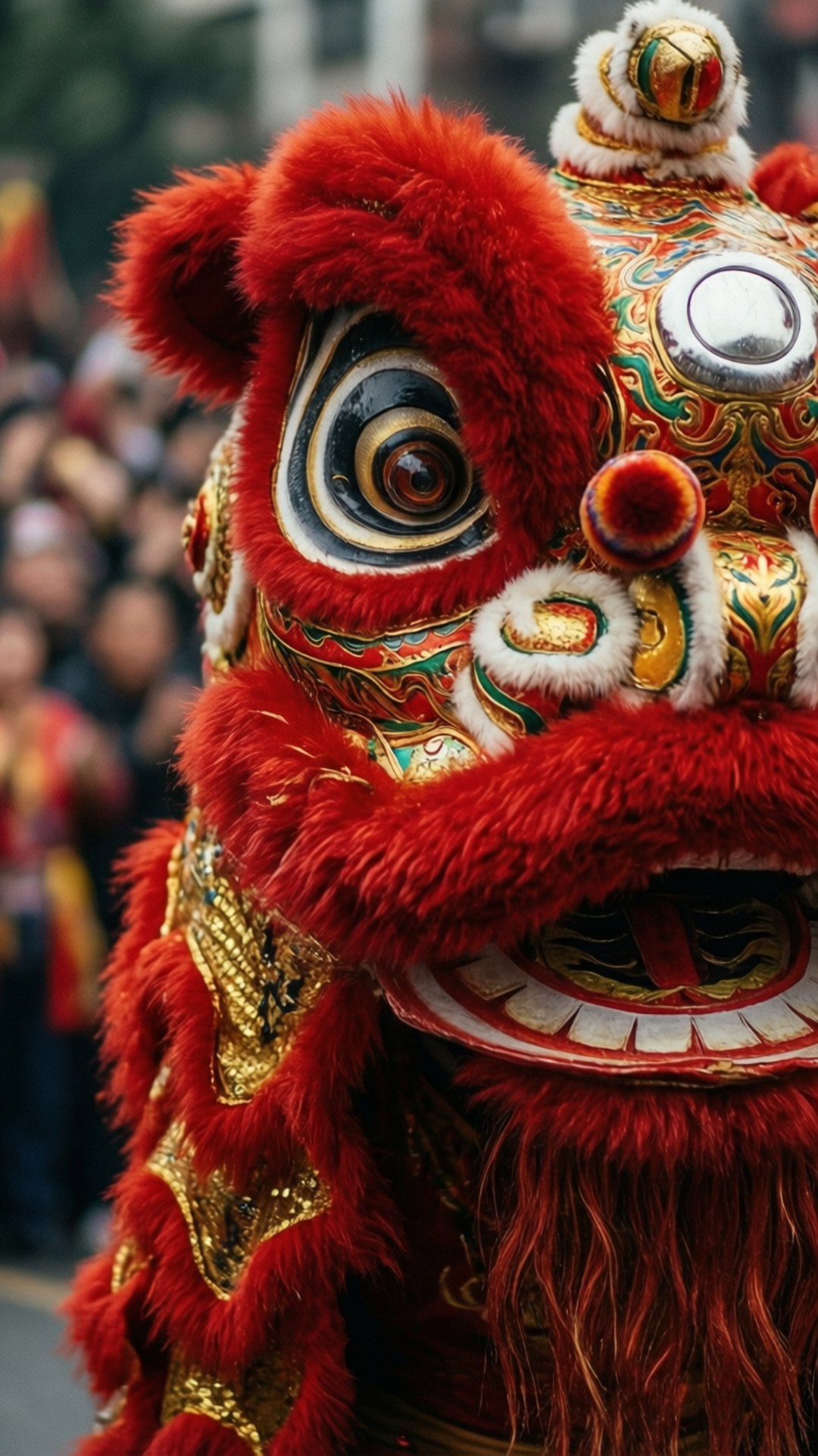 紅金相間的獅舞服裝細節特寫。