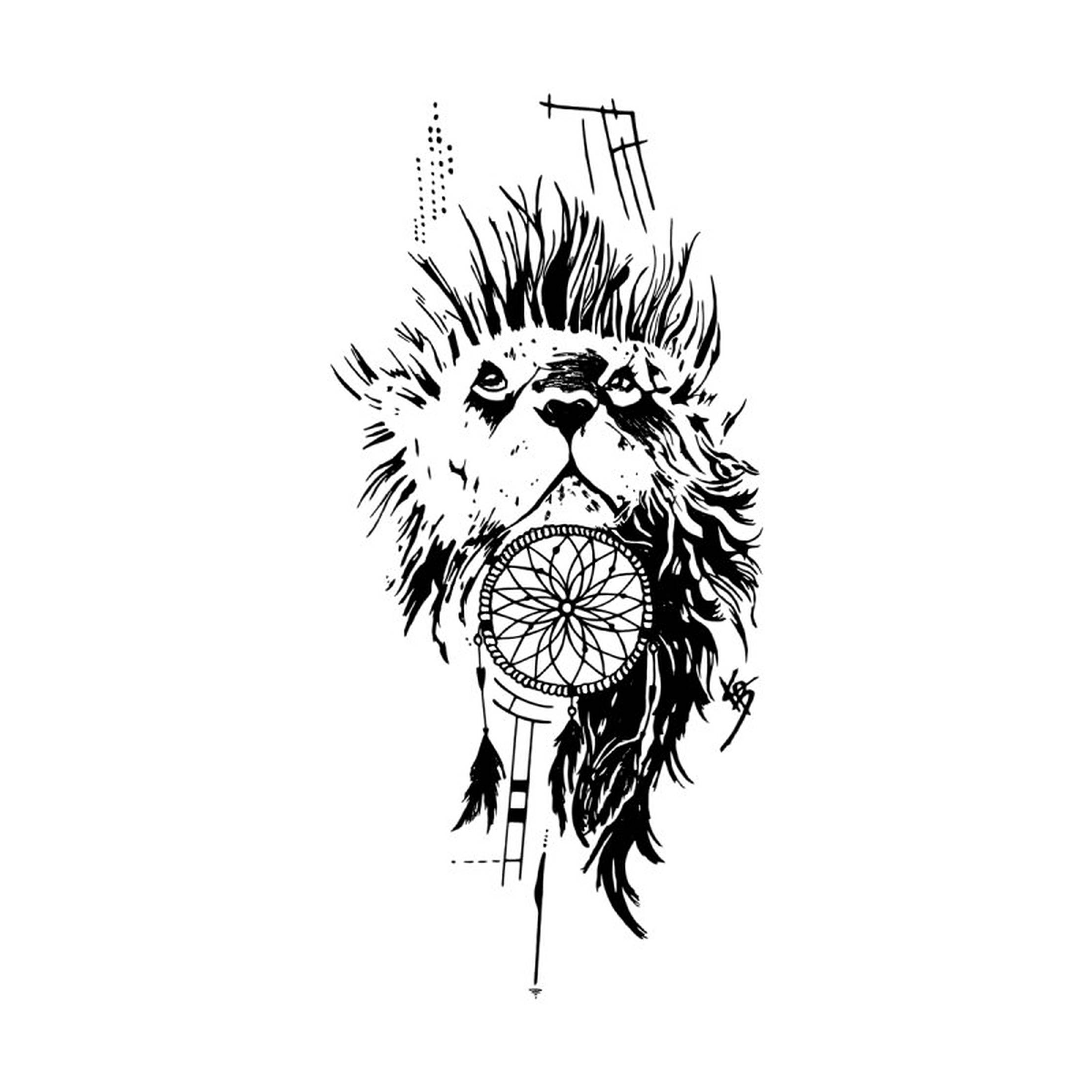 獅頭夢捕手 壁紙 — 一個大膽的黑白插圖，獅子頭部，口中懸掛著捕夢網。