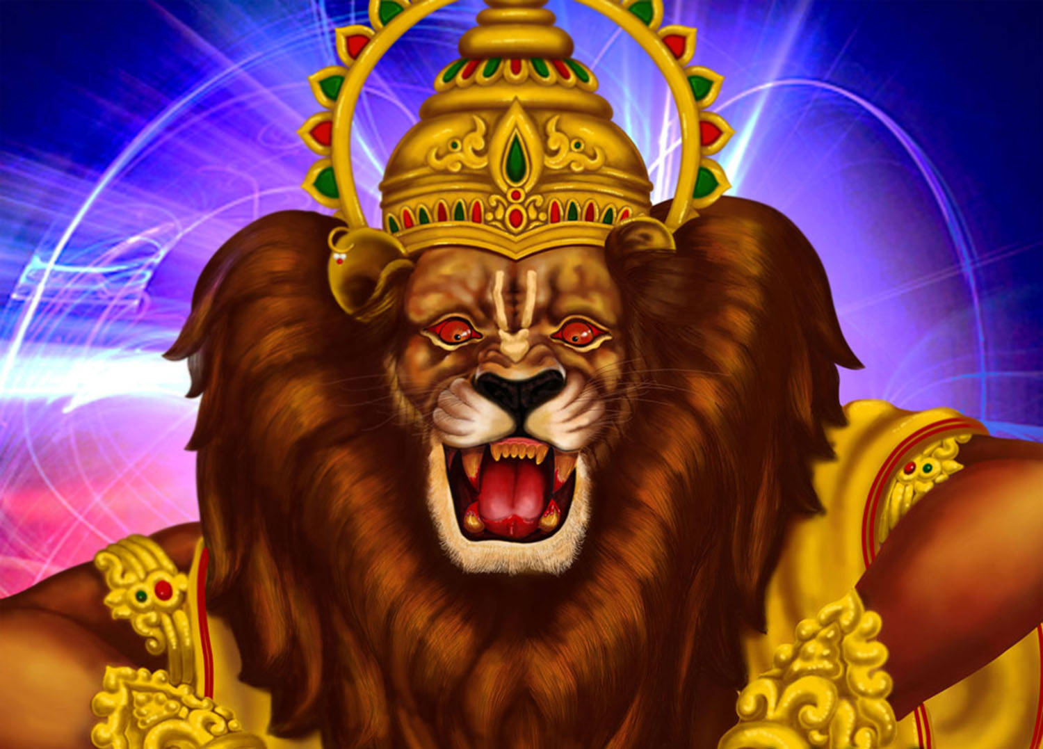 獅頭納拉辛哈神 壁紙 — 一位威嚴的獅頭神祇，頭戴金色皇冠，身穿華麗盔甲，在充滿活力的宇宙背景下咆哮。