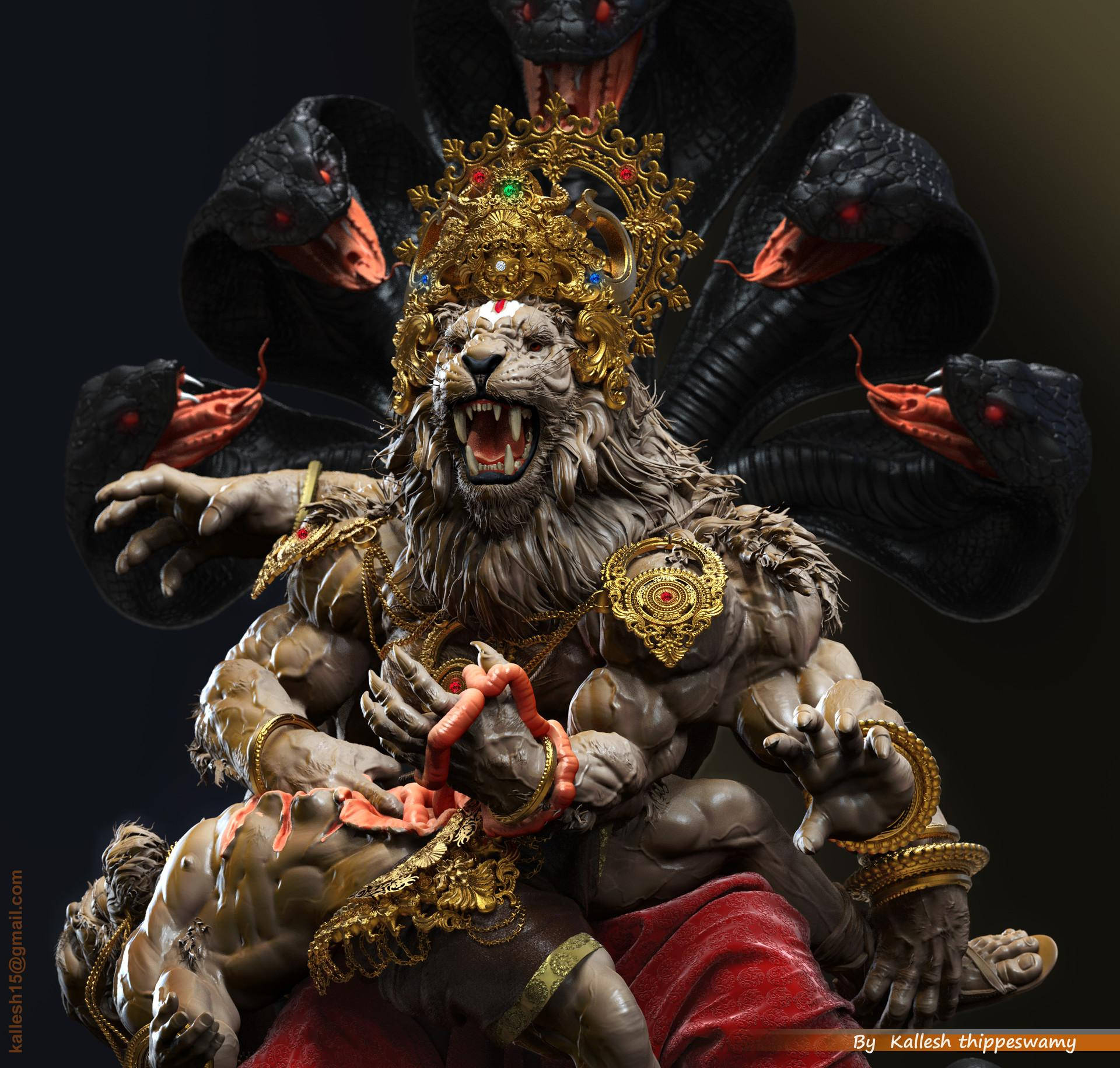 獅首納拉辛哈3D雕塑 壁紙 — 一個兇猛的獅頭神祇，飾有金色珠寶和紅色布料，被六條擁有發光紅眼的黑蛇包圍。