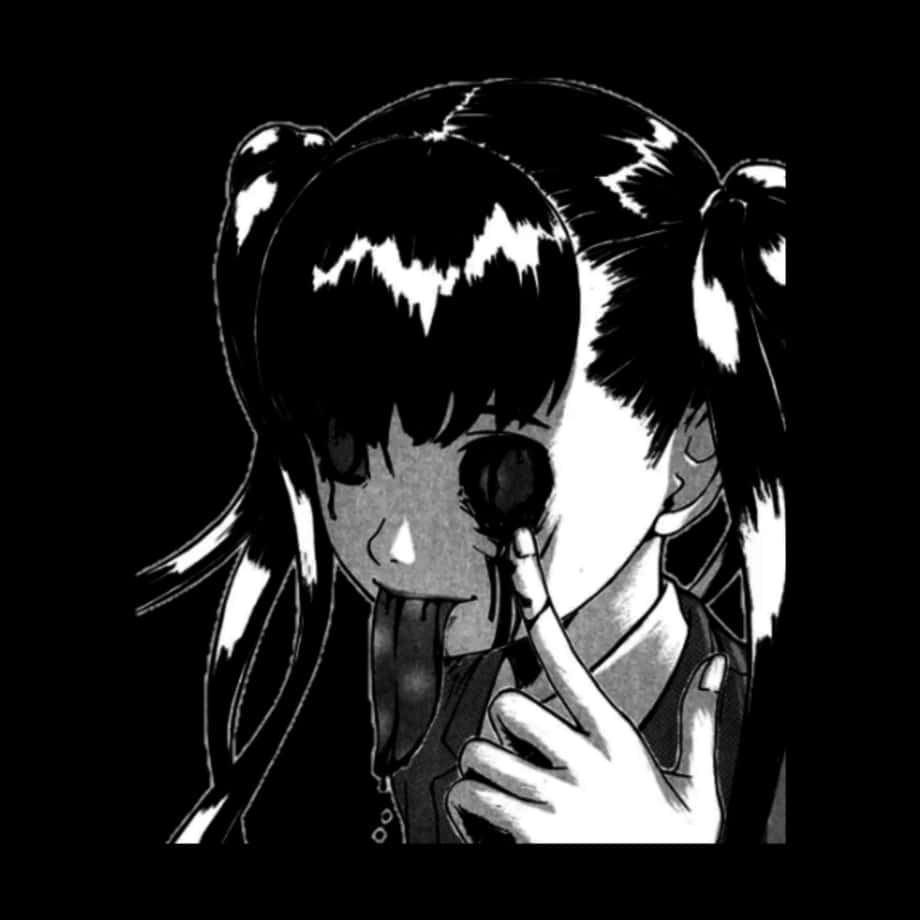 獨享秋夜，欣賞Grunge 壁紙 — 一個黑白動漫女孩紮著辮子，手指放在眼睛上，黑色液體從她嘴裡滴下，背景是純黑色。