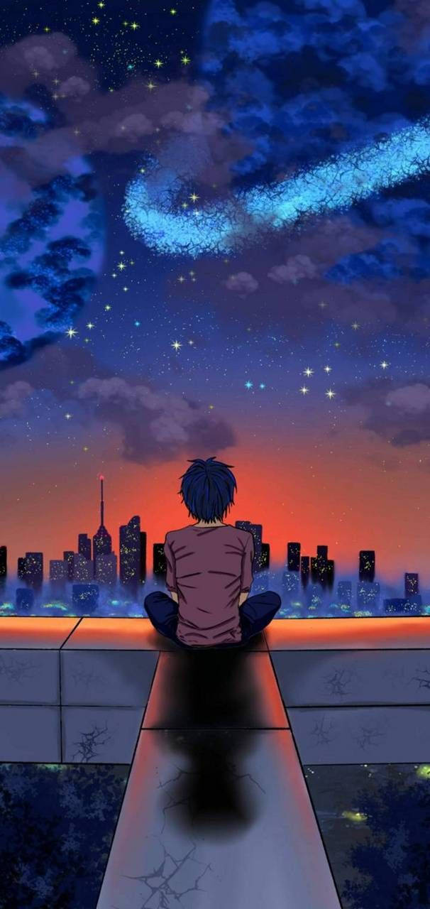 動畫男孩坐在屋頂上，在星空下俯瞰暮色中發光的城市。 — 動漫男孩 壁紙