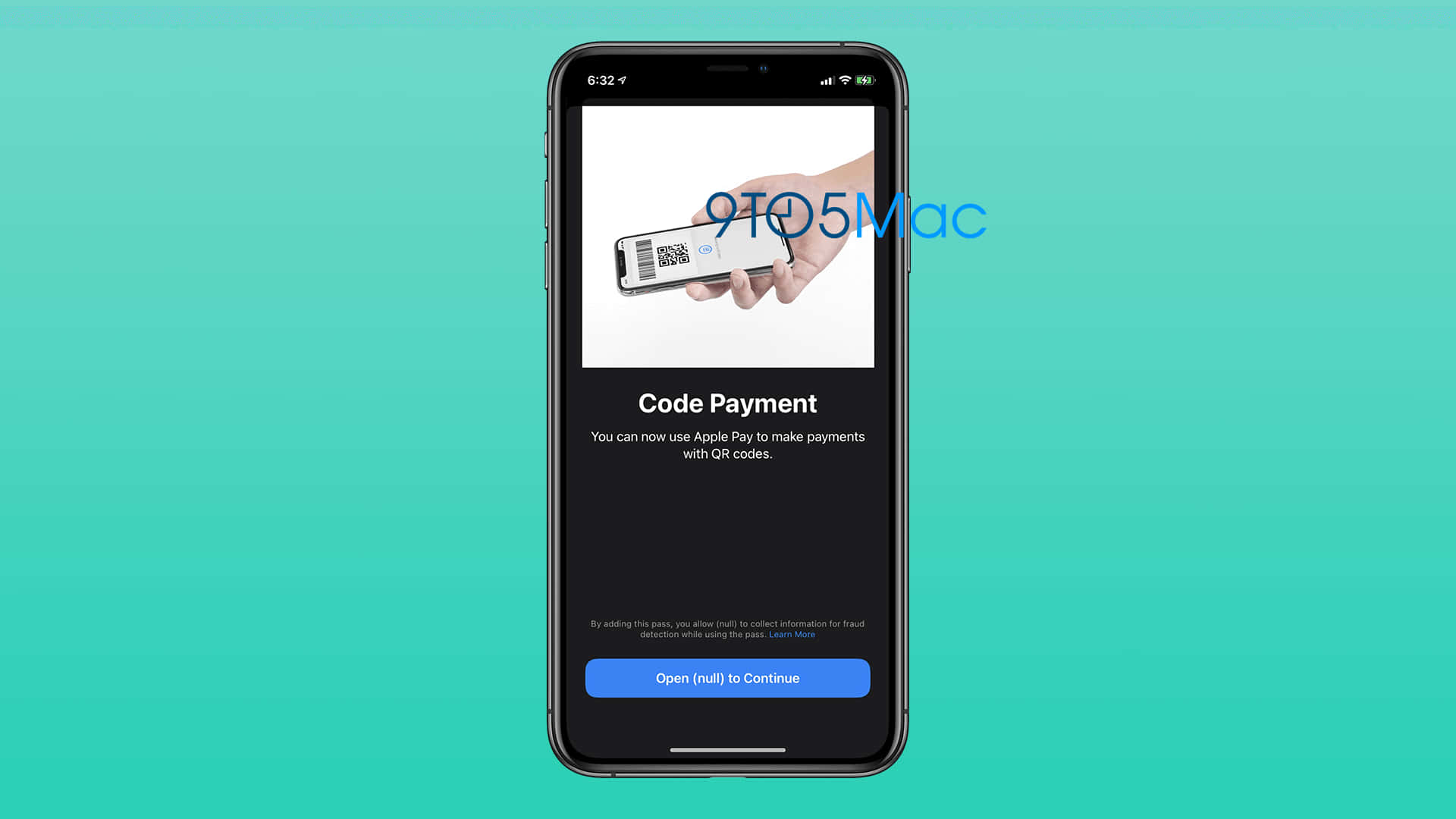 智能手機在青綠色背景上顯示 Apple Pay QR 碼支付畫面。