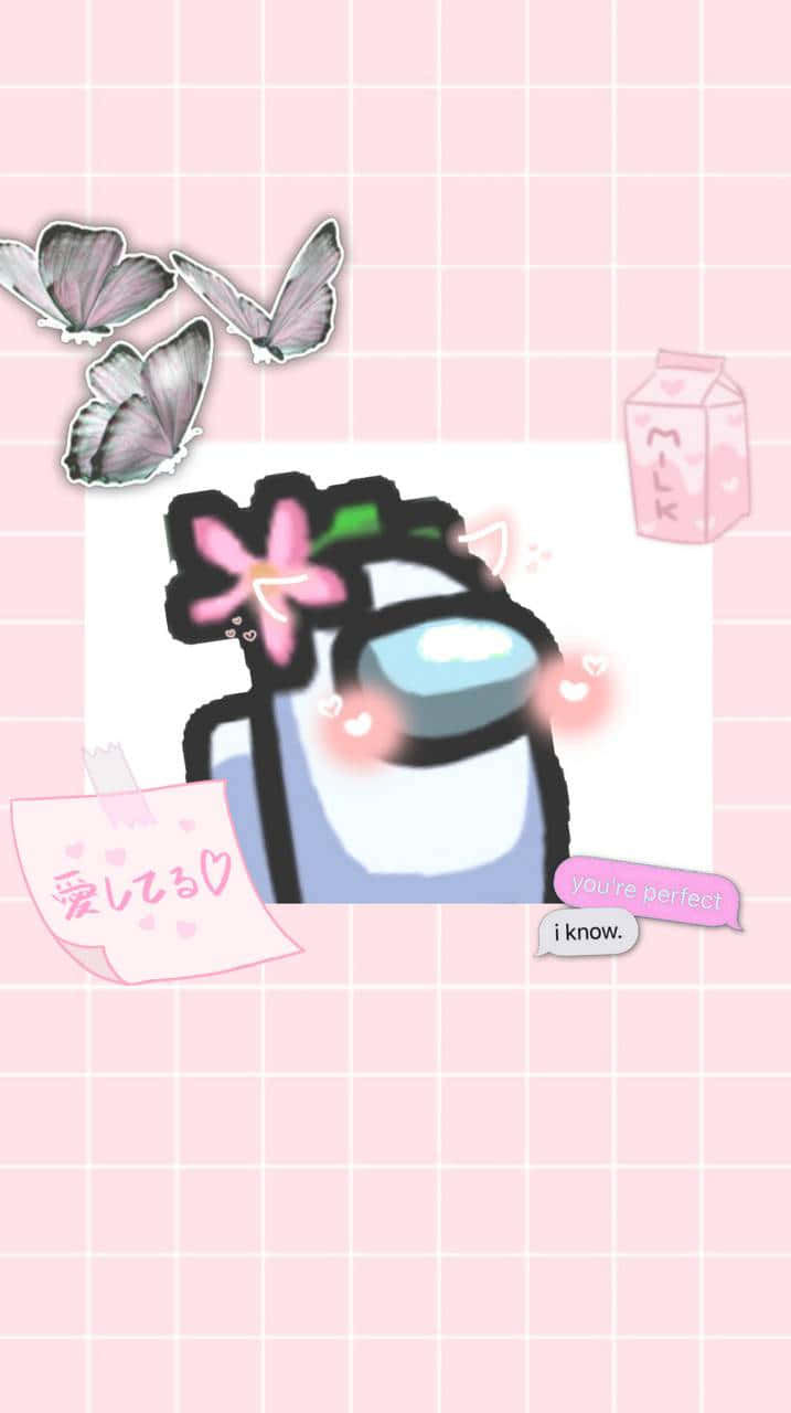 Among Us角色帶住花同心形，被蝴蝶同牛奶盒包圍。 — 美學版 among US GIF 壁紙