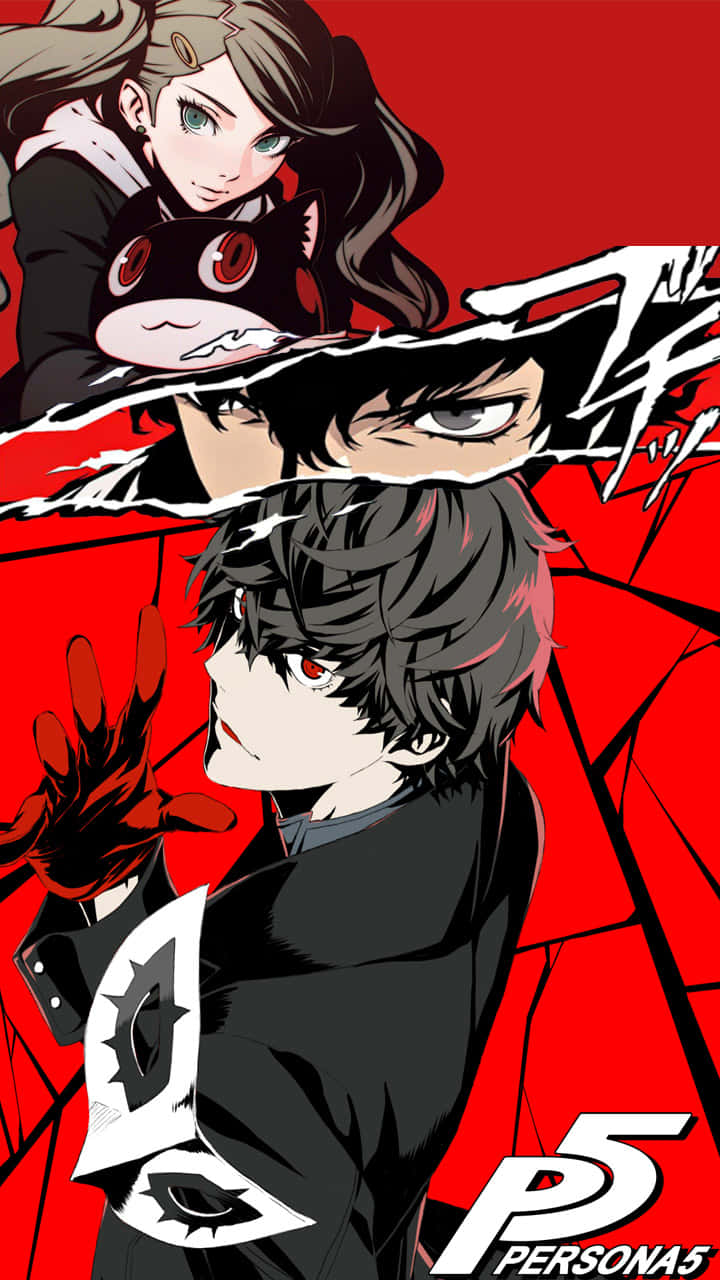三個來自Persona 5的動漫角色，紅眼睛、黑色服裝，站在紅色背景前。