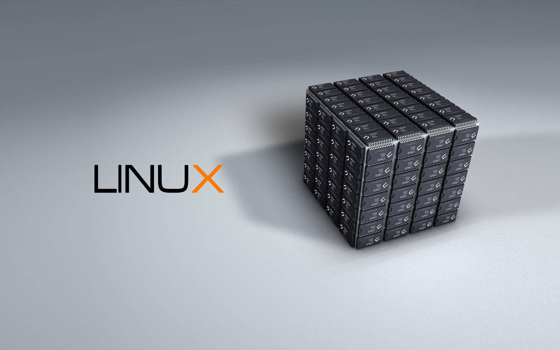 灰色背景上，Linux 標誌旁邊有一個伺服器機架立方體。