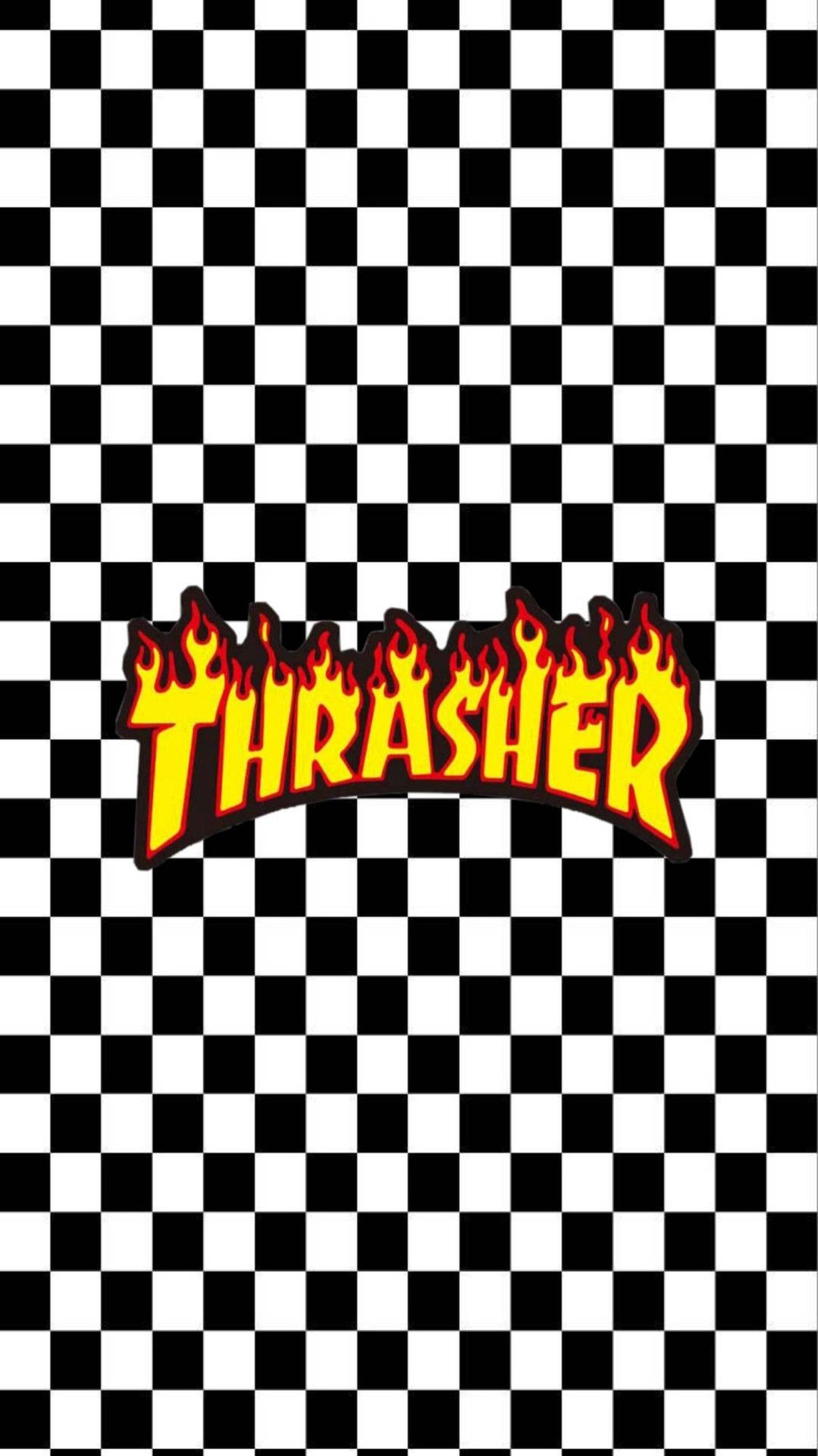 Thrasher雜誌標誌，在黑白棋盤格背景上帶有火焰設計。