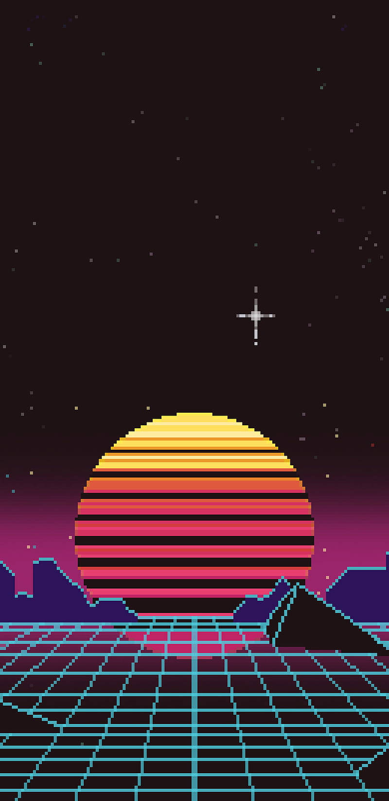像素藝術日落與網格景觀和星星