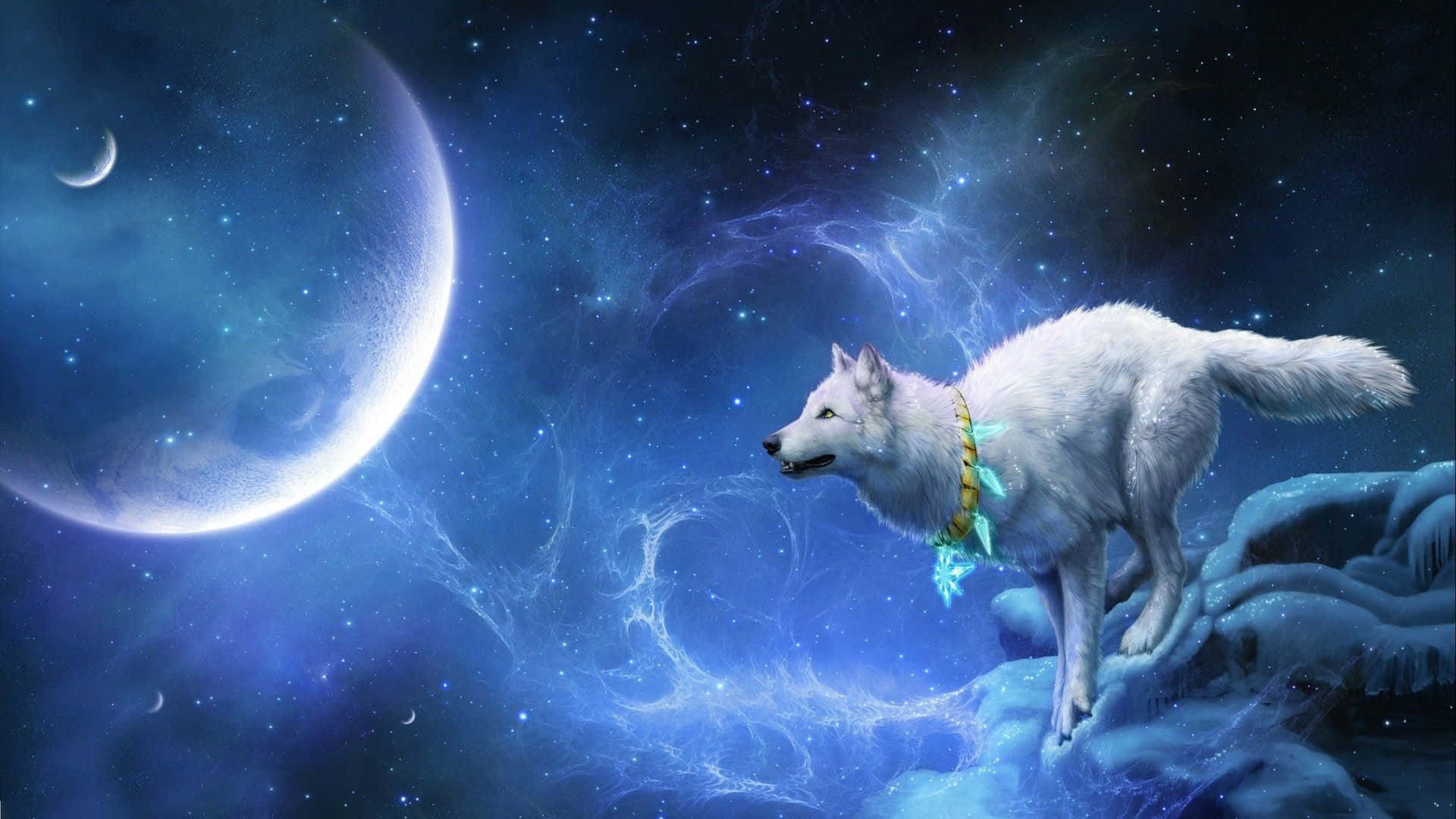 冰上的白狼，宇宙天空下，發光的月亮和星星