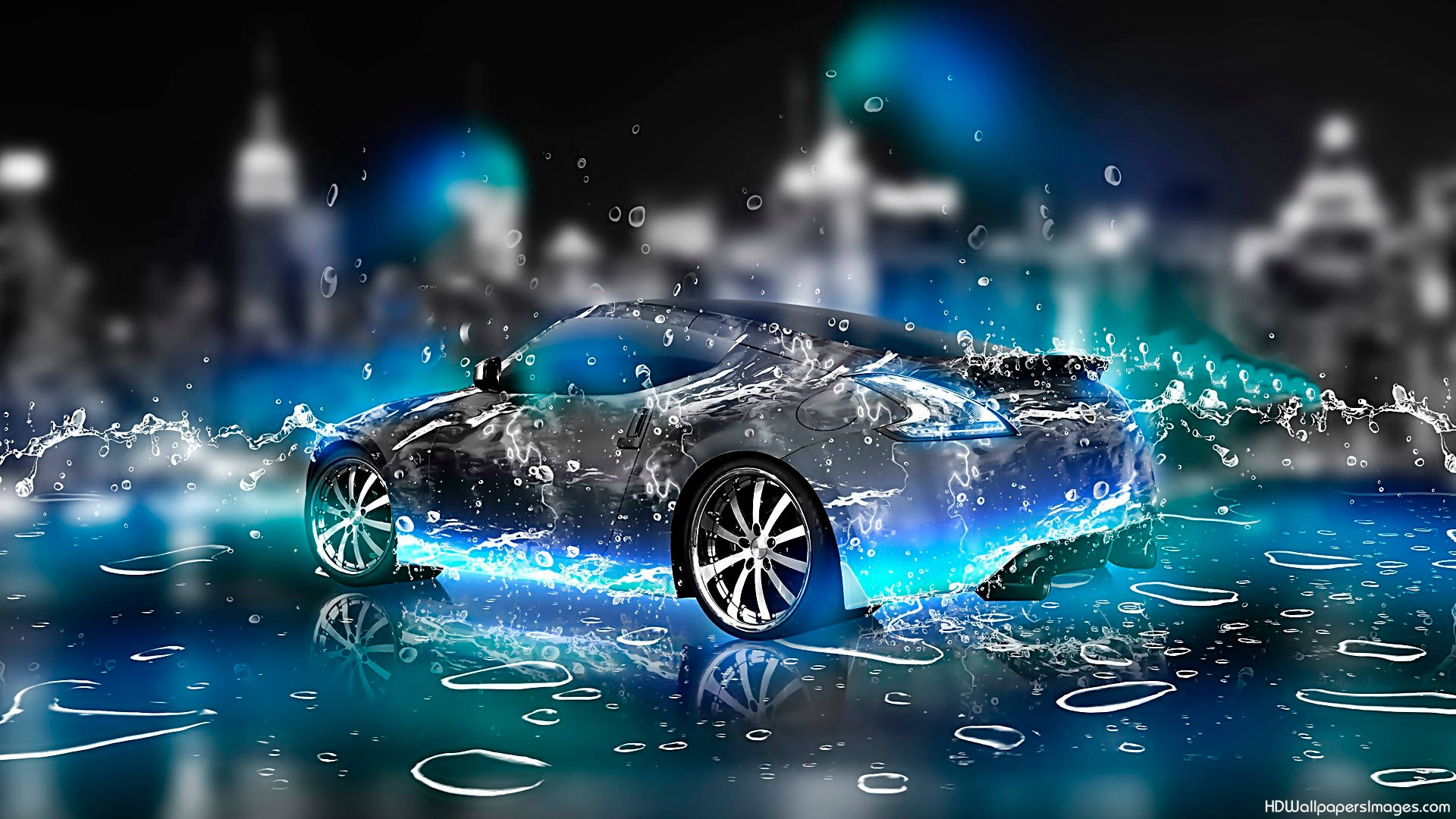 時尚跑車在夜間城市景觀中穿過發光的藍色水花。