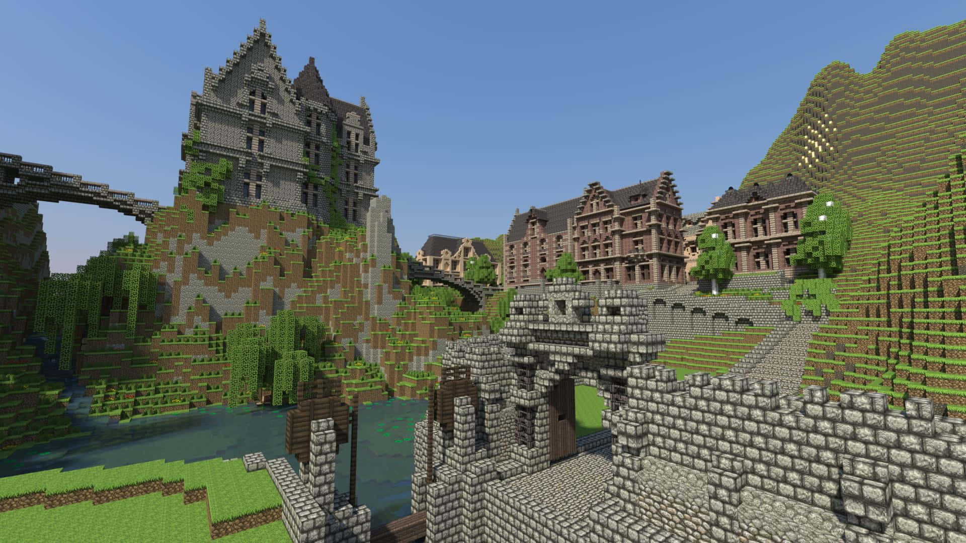 Minecraft城堡在草坡上俯瞰河流與石頭廢墟