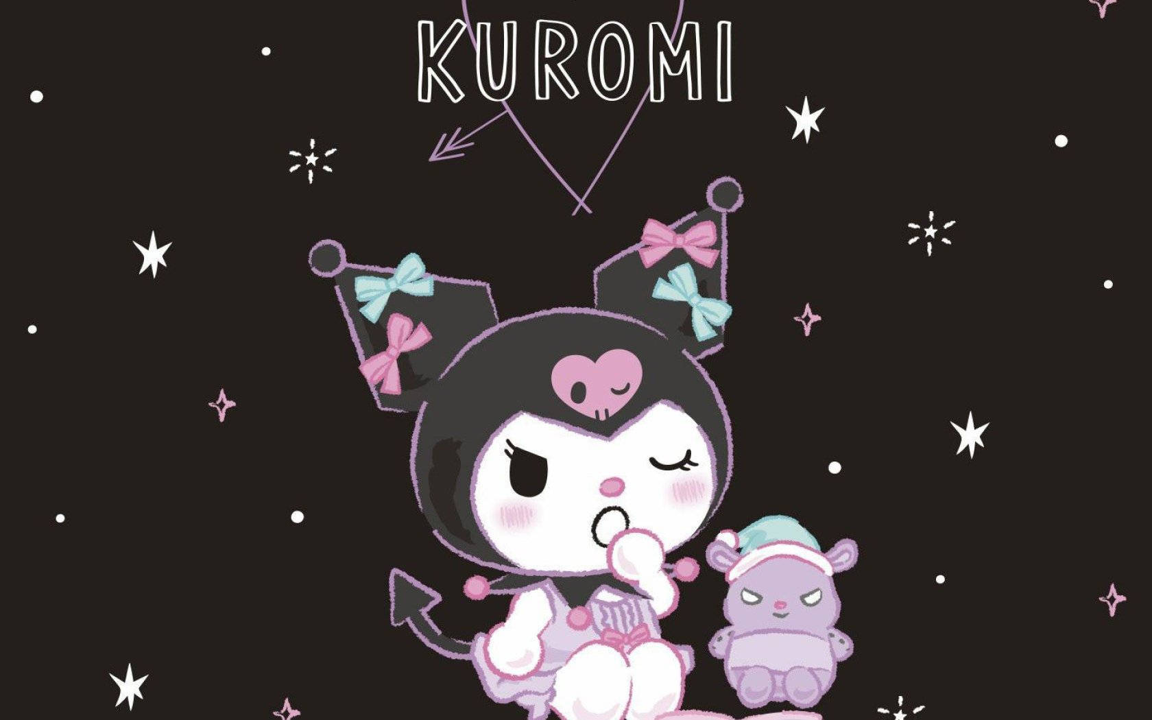 獨特的 My Melody 勁敵 Kuromi 正享受放鬆時光 壁紙 — Kuromi 黑色貓咪，戴著蝴蝶結和心形圖案，坐在星空下的小紫色生物旁邊。