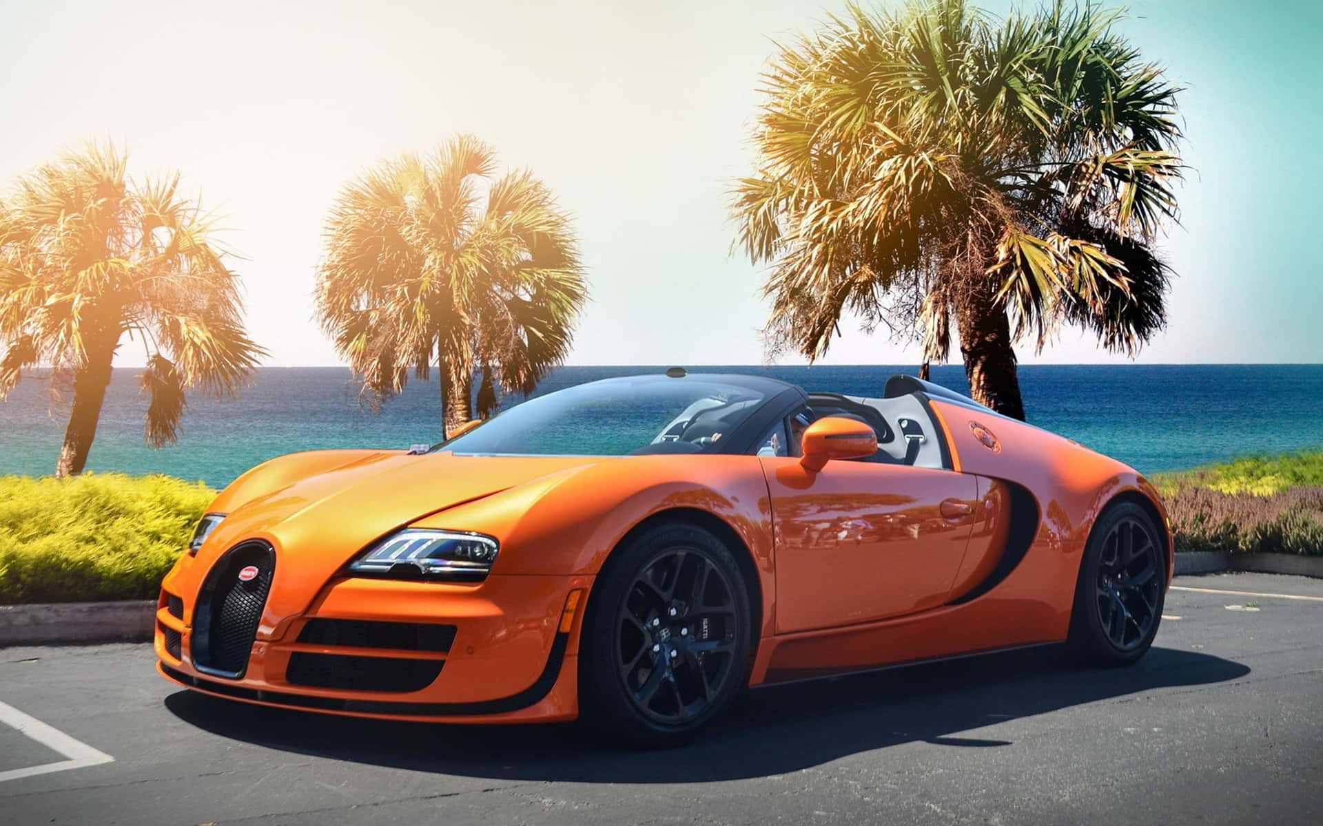 橙色Bugatti Veyron開篷跑車在日落時停泊在海邊的棕櫚樹旁。