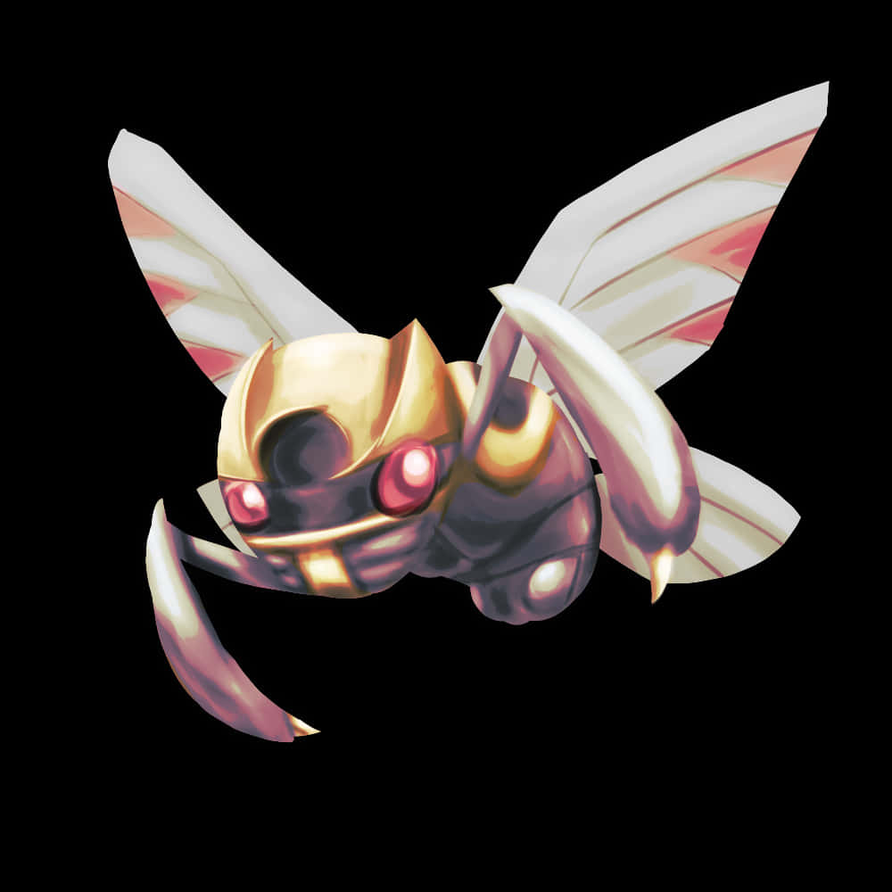 獨特的白色背景 Ninjask 壁紙 — 一隻風格化的昆蟲類生物，擁有發光的紅色眼睛、金色盔甲和半透明翅膀，在黑色背景上飛行。