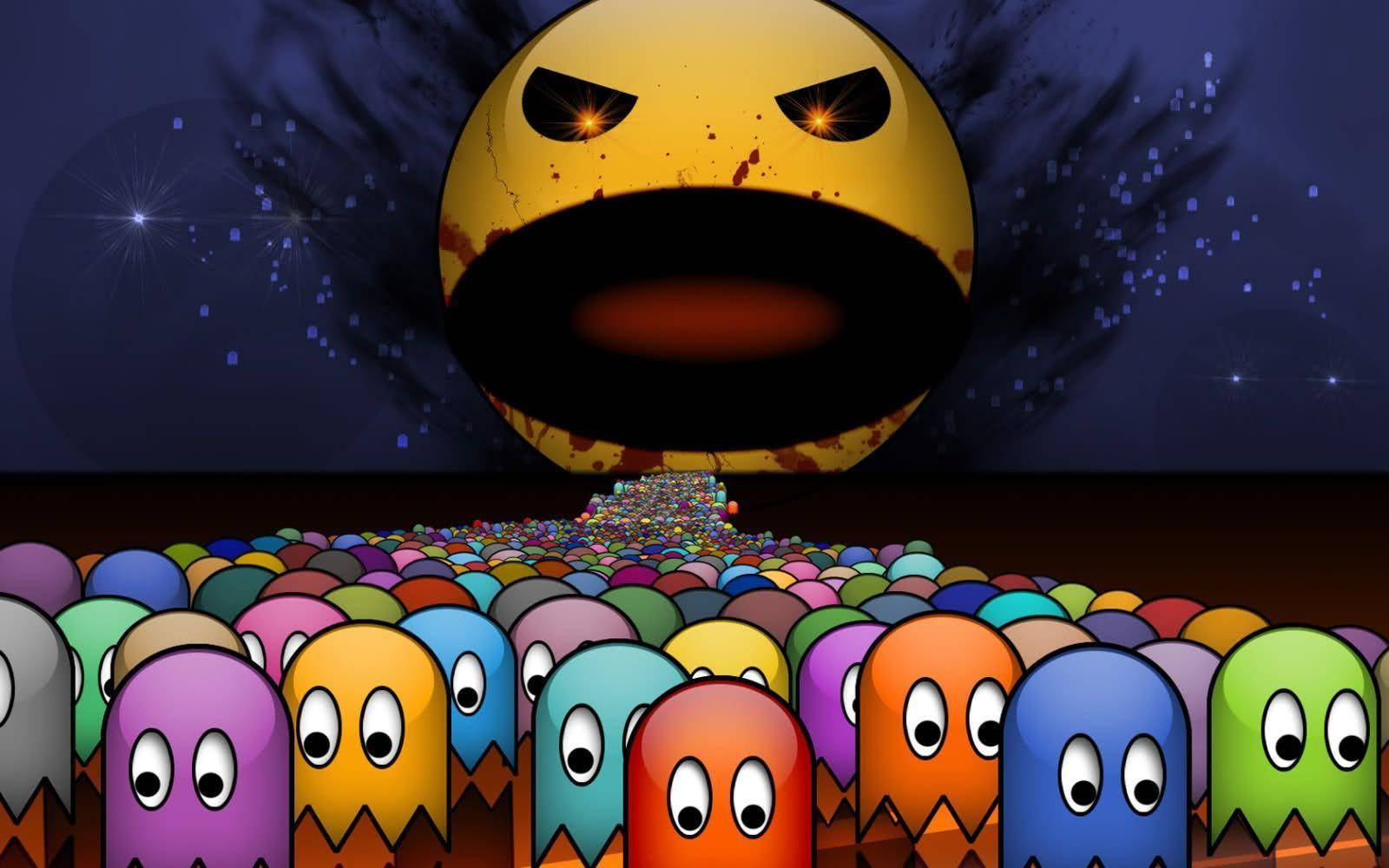 帶有憤怒眼神的巨型 Pacman 在星空下聳立於一群色彩繽紛的鬼魂之上。