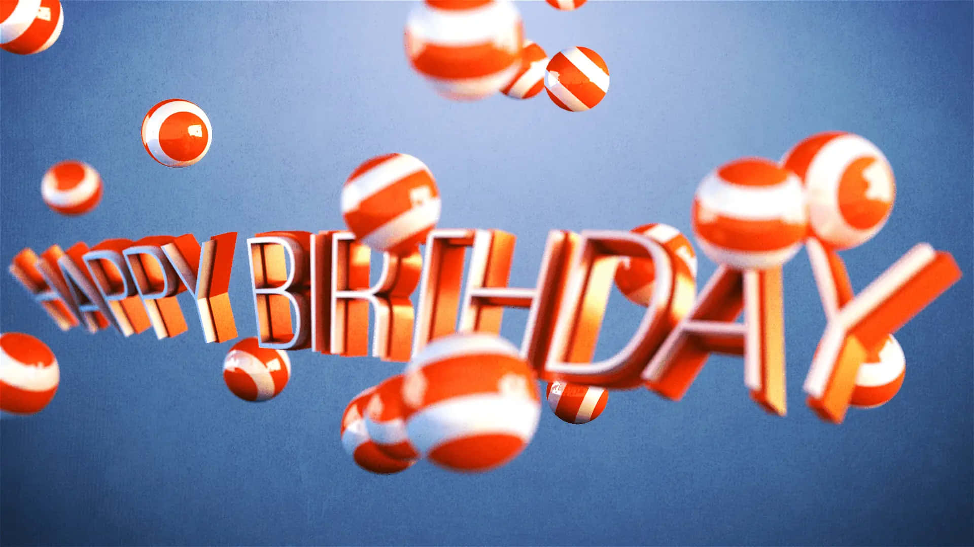 獨特糖果條紋生日橫幅圖片 壁紙 — 大膽的3D橙色和白色「HAPPY BIRTHDAY」字母在柔和的藍色漸變背景上，漂浮在彈跳的條紋球體之間。