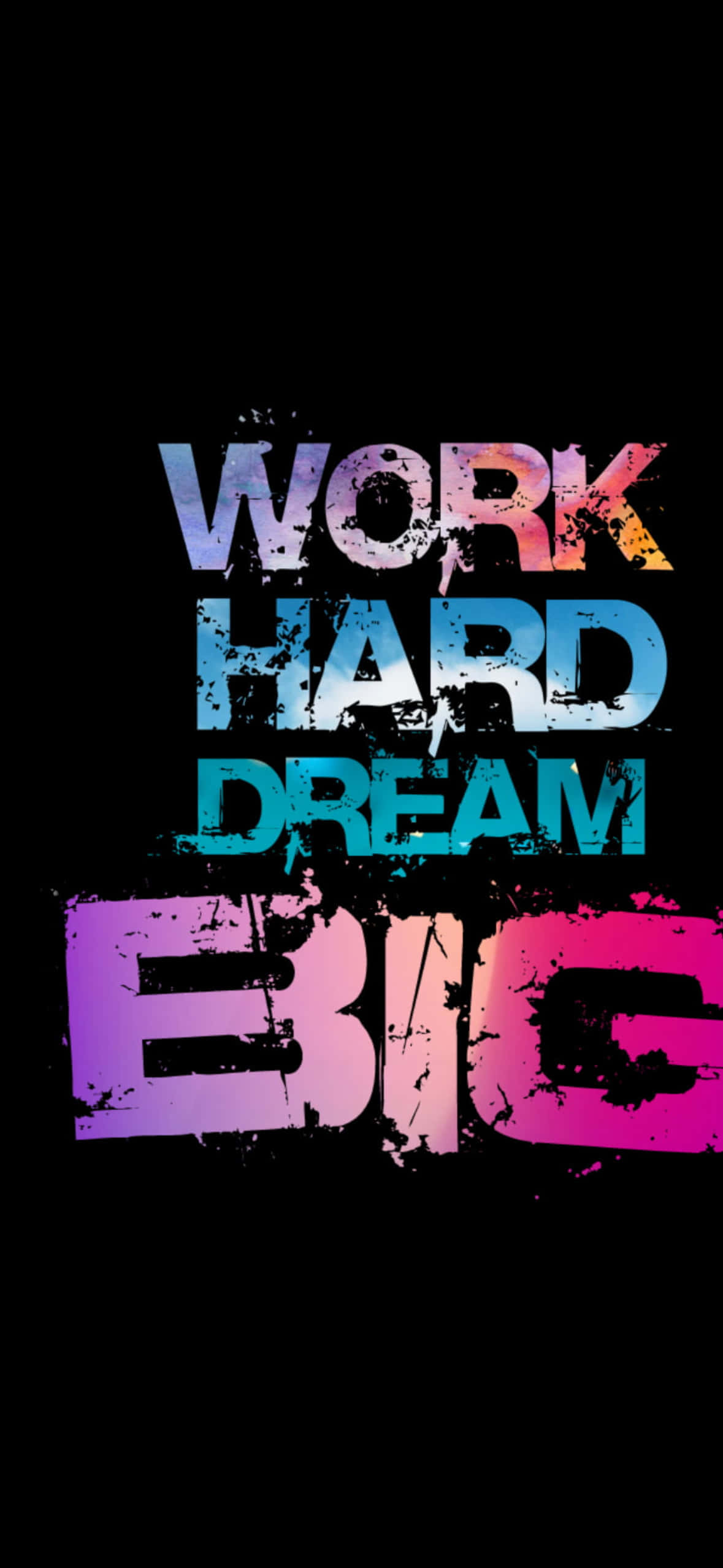 獨特美麗的多雲天空 壁紙 — 大膽嘅塗鴉風格文字寫住「WORK HARD DREAM BIG」，用鮮豔嘅漸變顏色襯托喺純黑色背景上。