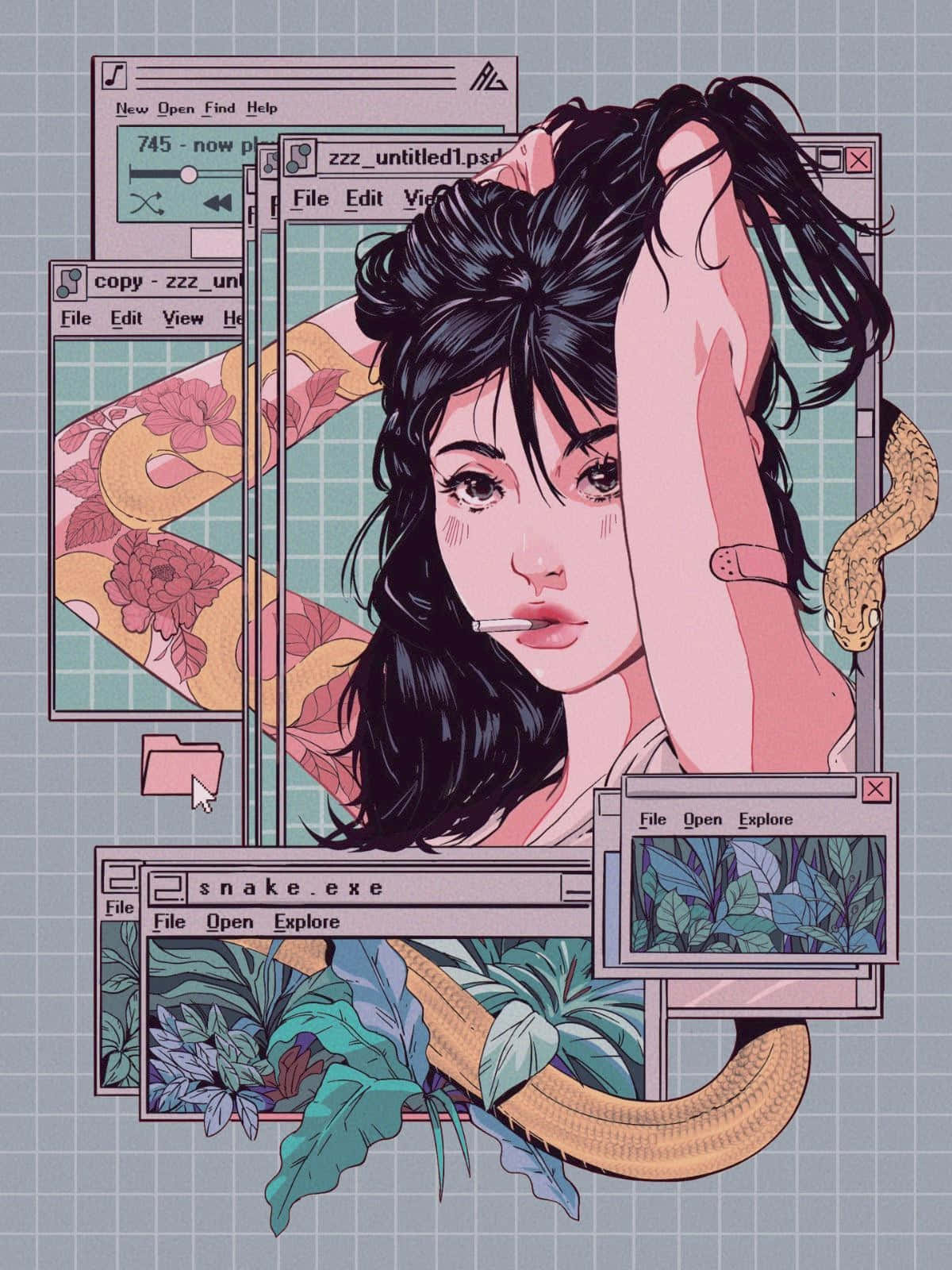 一位深色頭髮、叼著香煙的女性，周圍環繞著電腦視窗和一條蛇。