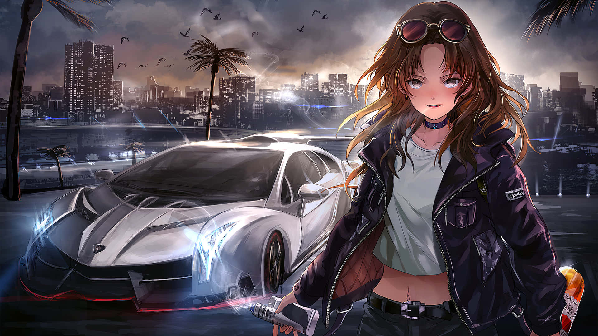 獨特設計的動漫跑車 壁紙 — 一位戴著太陽眼鏡的時尚動漫女孩，站在一輛閃亮的白色跑車旁，背景是雨中的城市天際線，有棕櫚樹和飛鳥。