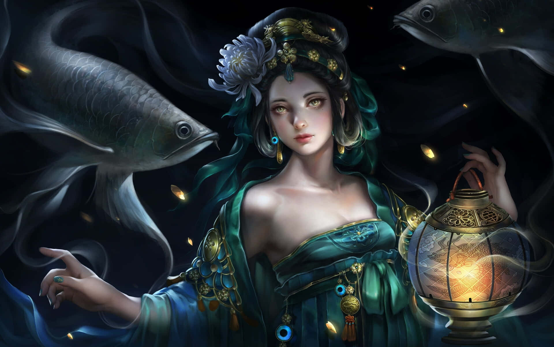 獨特雙魚座 壁紙 — 一位身穿青綠色長袍的神秘女子手持發光燈籠，銀色的魚在她周圍黑暗旋轉的迷霧中游動。