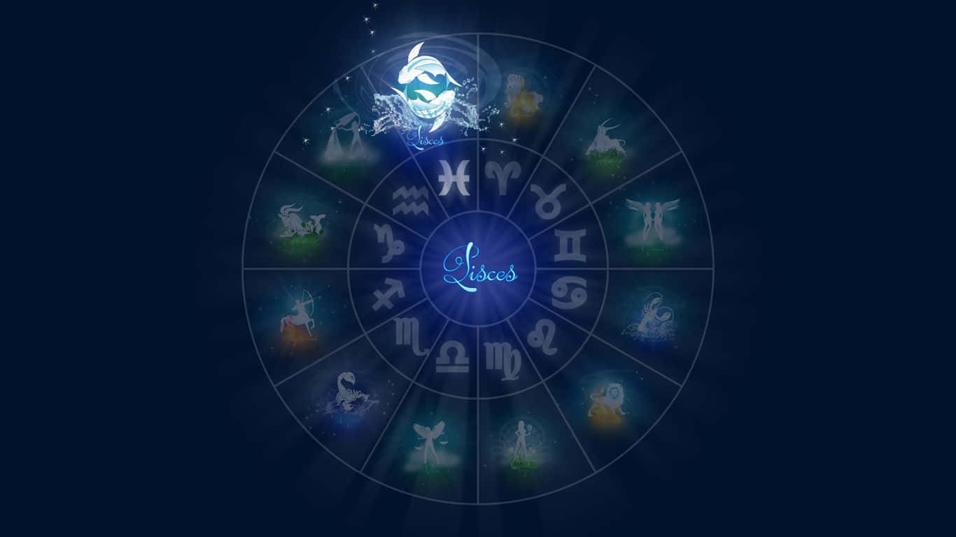 獨特雙魚座——勇敢的星座 壁紙 — 一個發光的黃道輪盤，雙魚座位於中心，在深藍色的宇宙背景下散發出神秘的光芒。