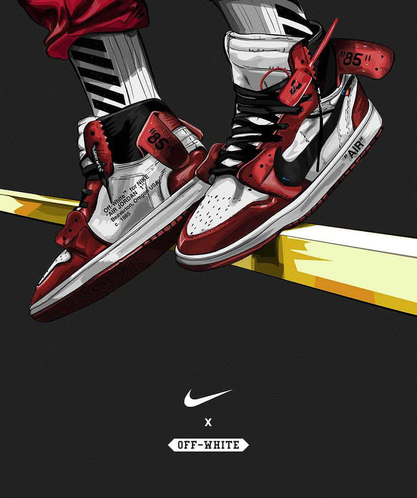 紅色和白色的Nike Air Jordan 1運動鞋帶有Off-White品牌標誌，漂浮在黃色條上方。