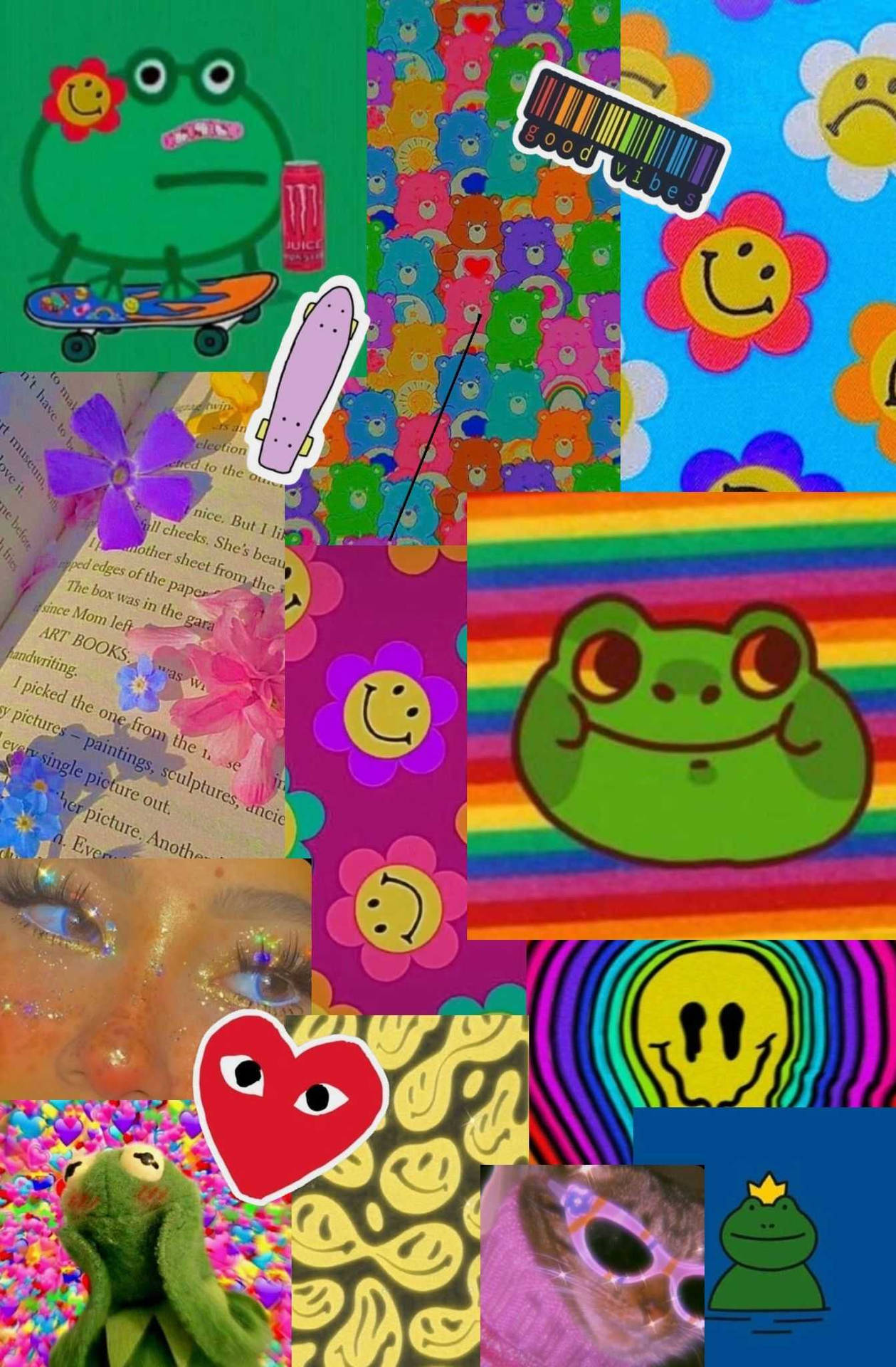 一幅色彩繽紛的拼貼畫，以卡通青蛙、笑臉和彩虹圖案為特色。