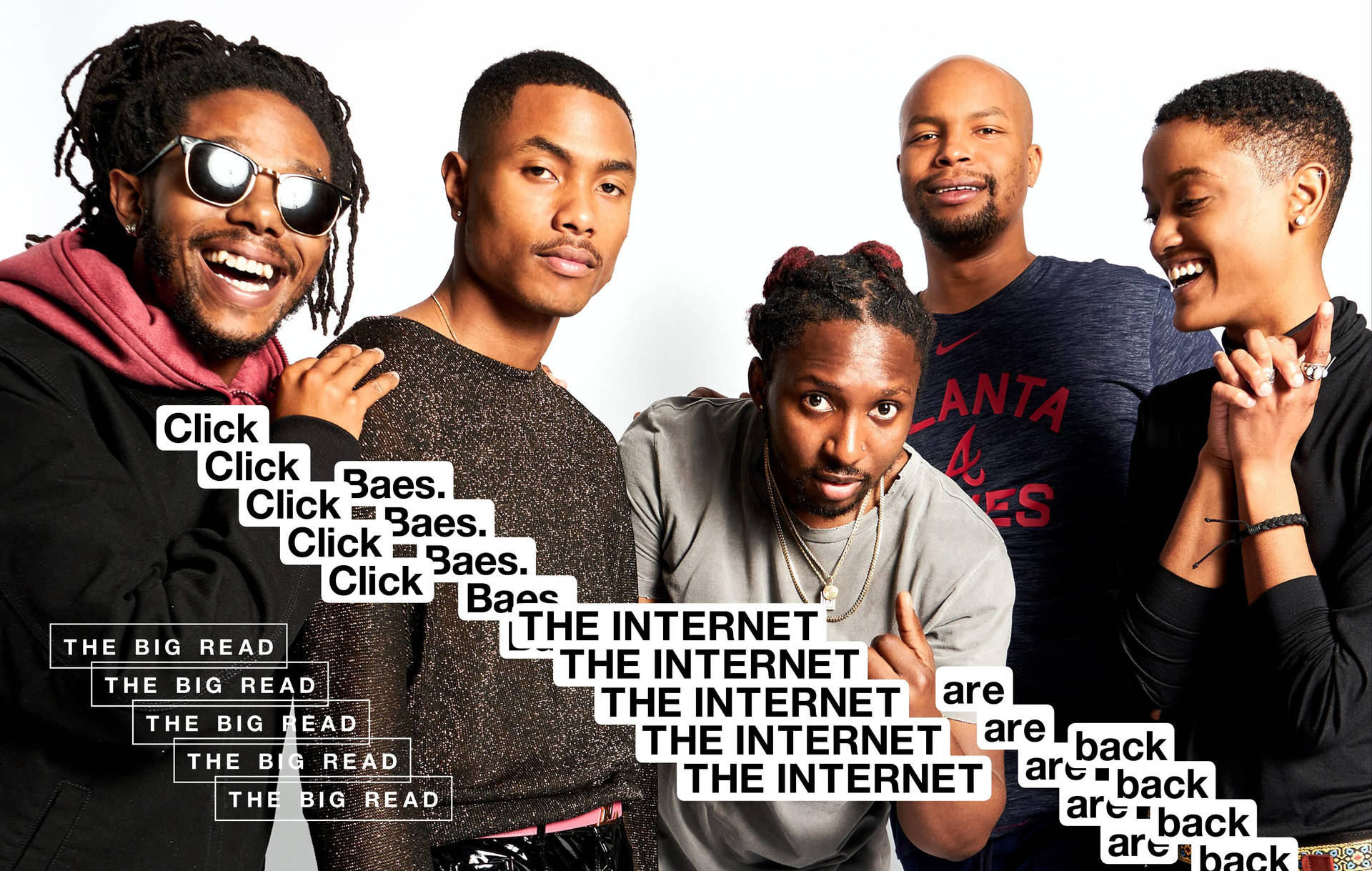 五位時尚人物帶有推廣'The Internet'同'Click Baes'嘅文字疊加。