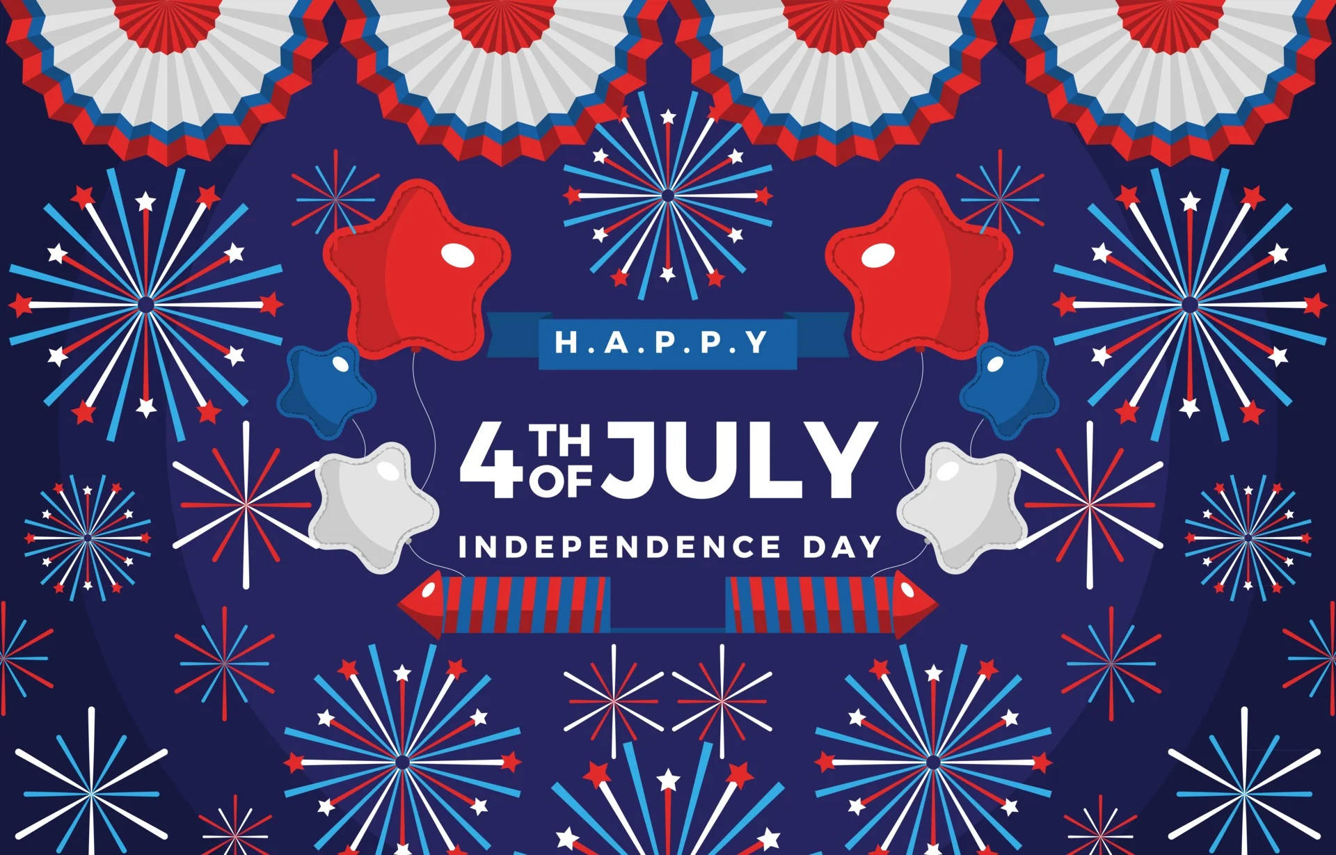 7月4日美國獨立日快樂，有紅、白、藍煙火和氣球。