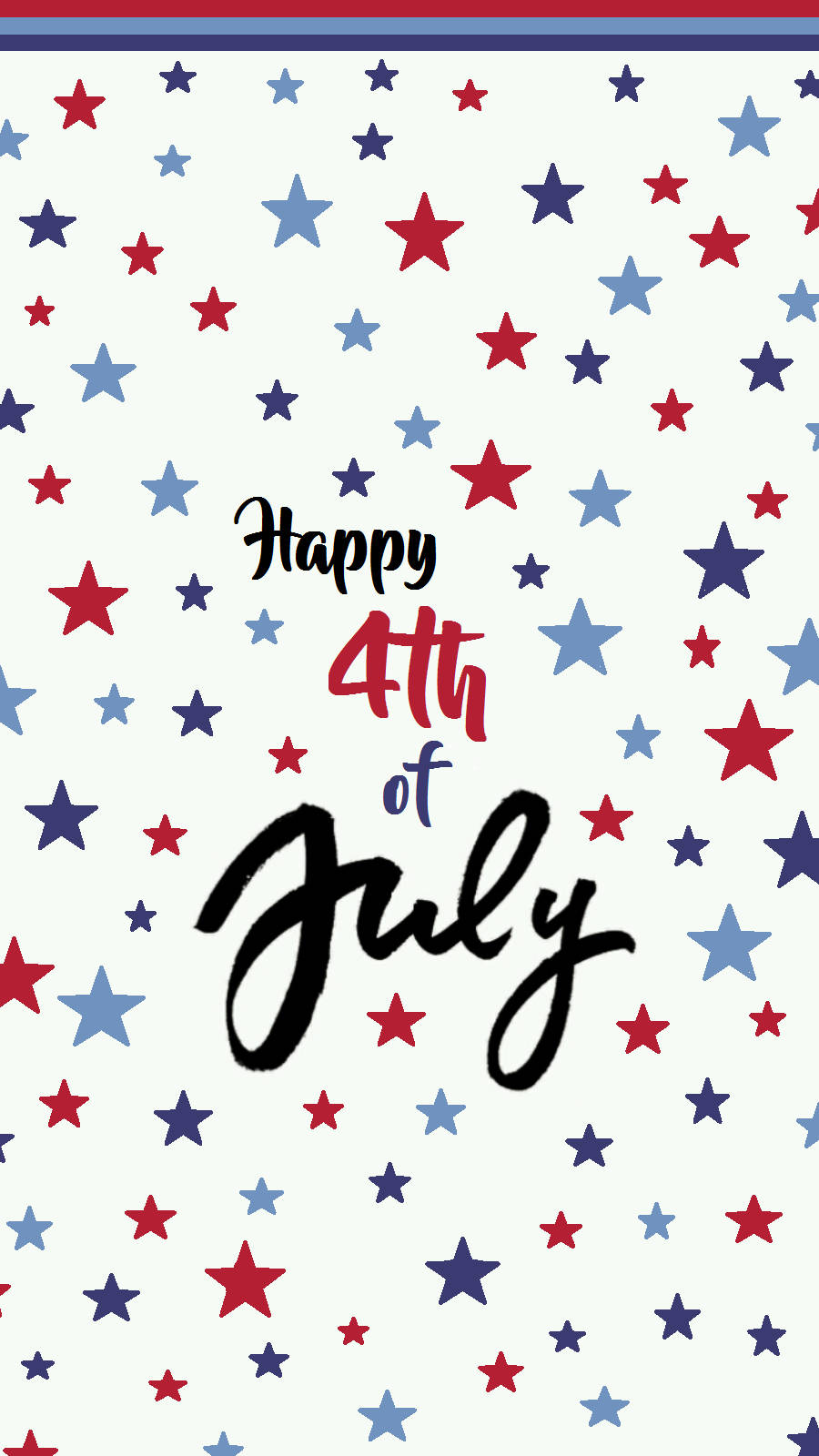 Happy 4th of July 問候，淺色背景上有紅色、藍色和白色的星星。