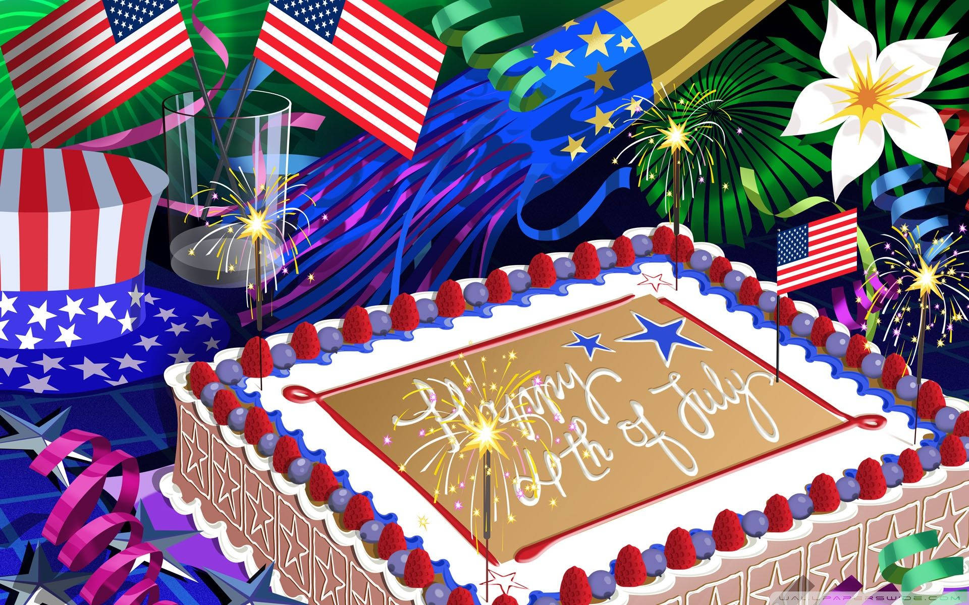 一個裝飾有「Happy 4th of July」和煙花棒的蛋糕，周圍環繞著美國國旗和煙花。