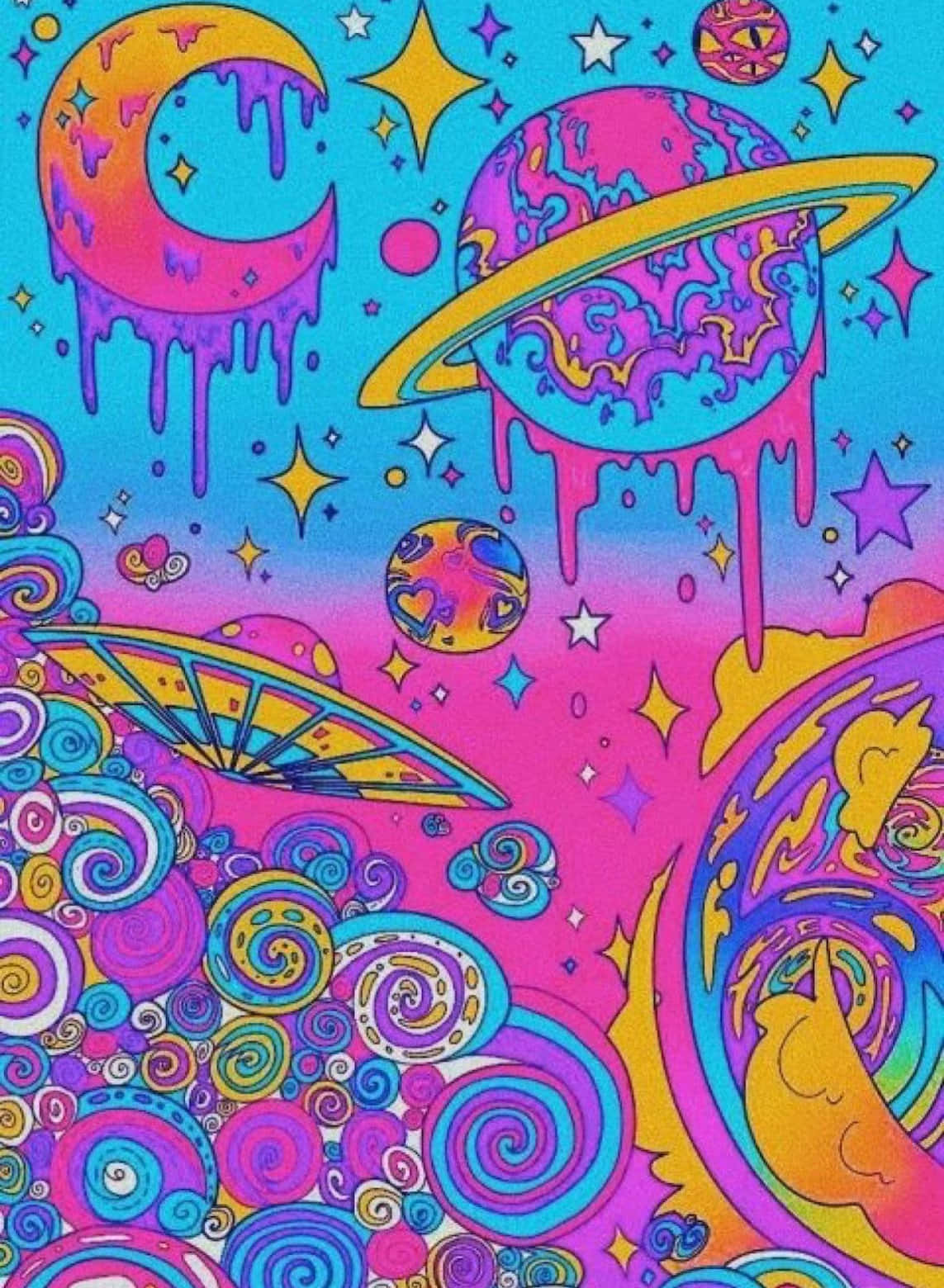 迷幻宇宙壁紙，色彩繽紛的行星、星星和漩渦圖案。
