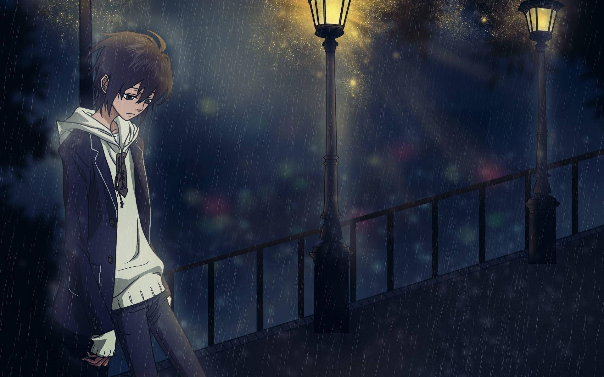 動畫男孩在夜晚獨自走在雨中，在發光的路燈下。