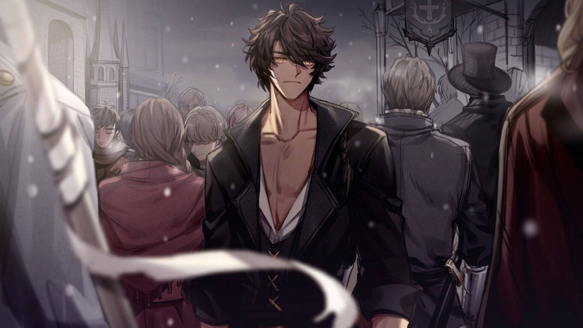 雪中哥德式城市中的動漫男子，金眼，深色外套。