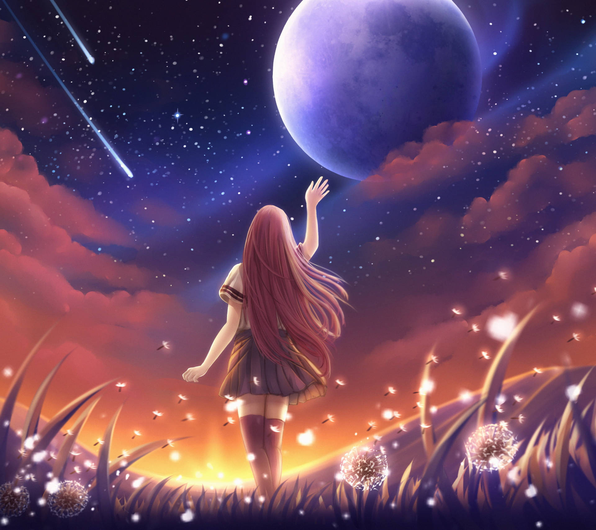 女孩在田野中伸手觸向月亮，螢火蟲在她周圍閃爍，星空下