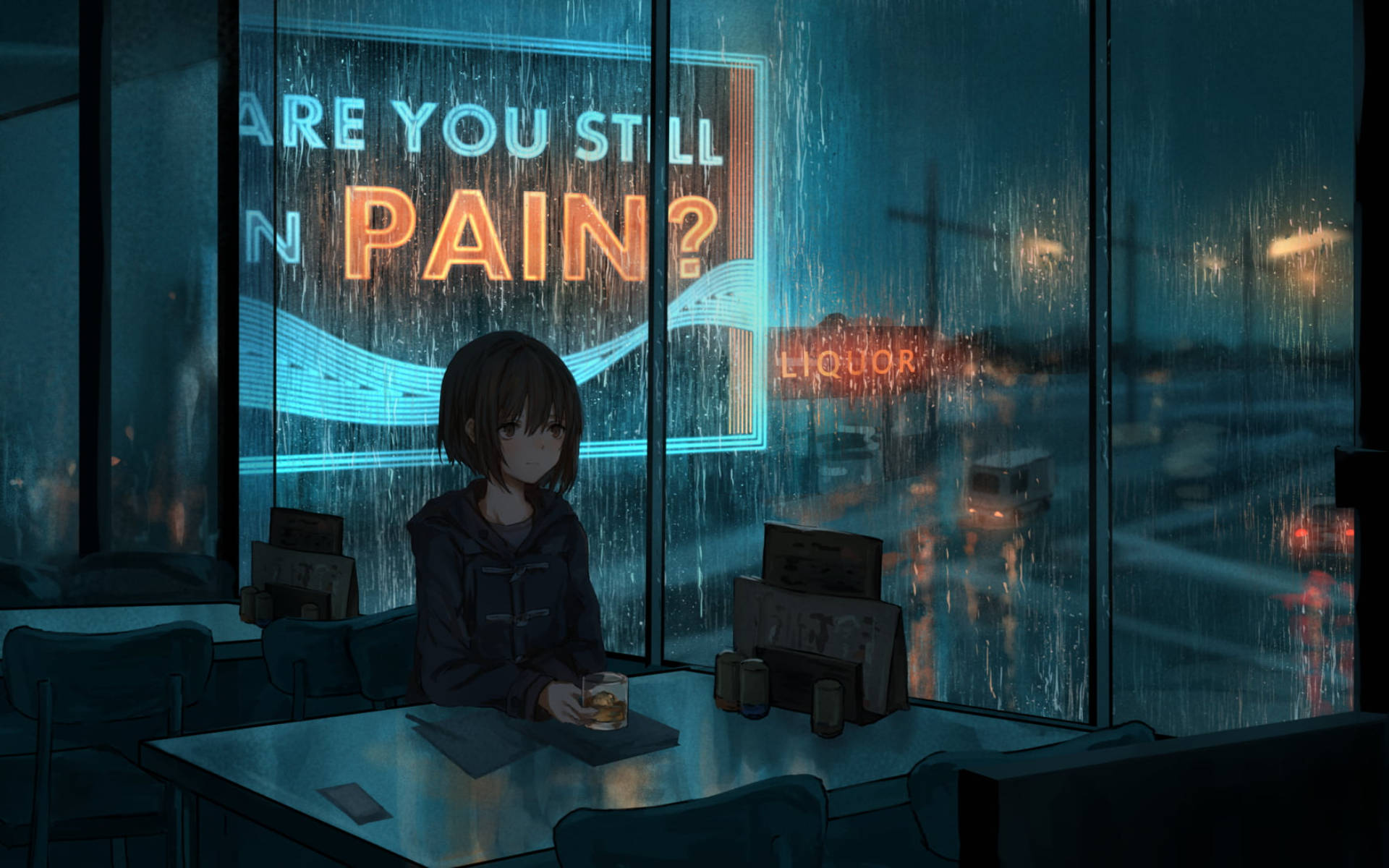 獨自沉思的動漫少女 壁紙 — 一個孤獨的動漫女孩坐在雨夜酒吧的窗邊，凝視著一個發光的霓虹燈牌，問她是否還在痛苦中。