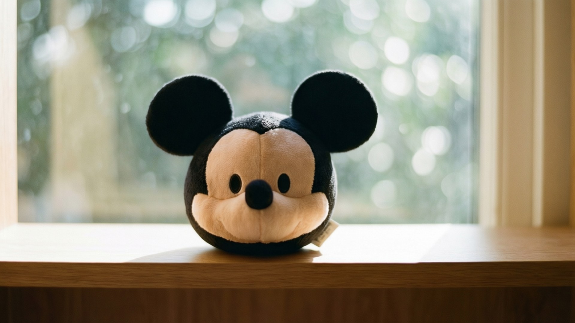 獨舞米奇Tsum 壁紙 — 一個圓形毛絨米奇老鼠頭放在木窗台上，沐浴在柔和自然光中，窗外有模糊的綠植。